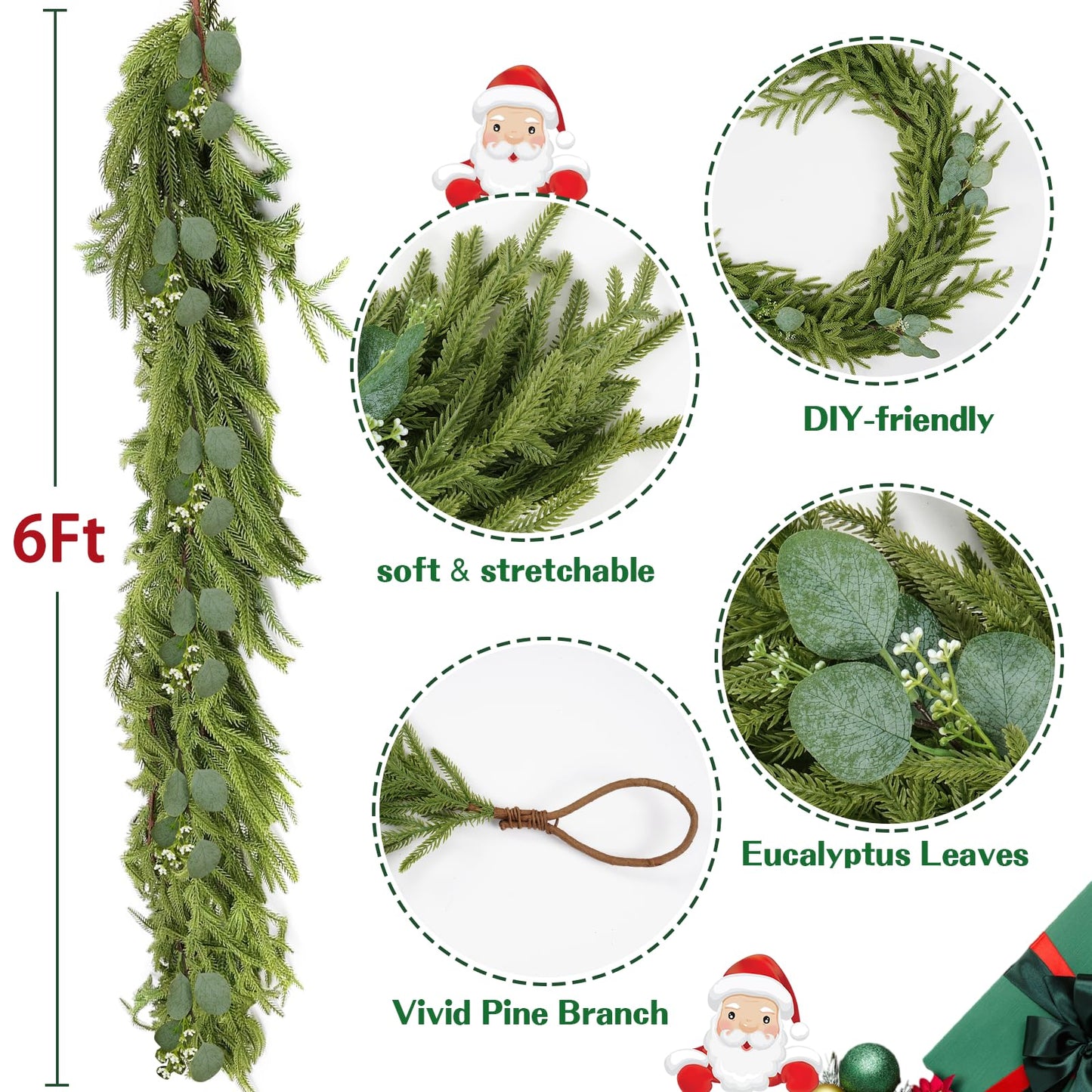 Waipfaru Christmas Norfolk Pine Garland with Lights, 6FT Real Touch Pine Christmas Decoration, Artificial Faux Cedar for Home Decoration