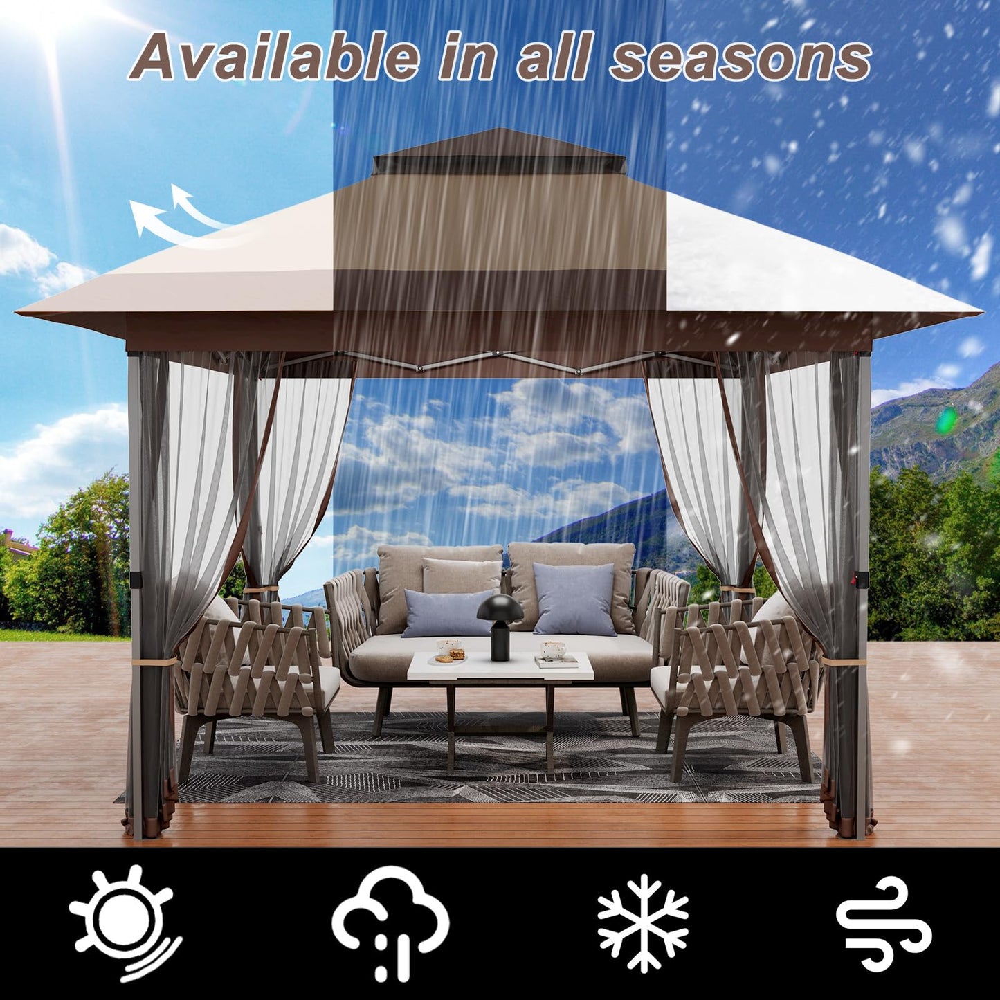 Garvee 12x12 Gazebo, Instant Outdoor Canopy Tent with Mosquito Netting, Screen Tent with 4 Ropes, 8 Stakes, 4 Sandbags and Wheeled Storage Bag, Shelter Canopy for Patio Garden Backyard, Khaki
