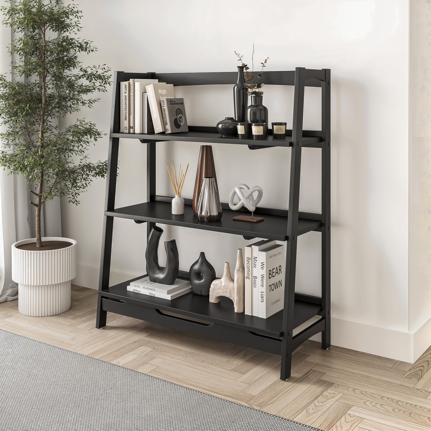 Camaflexi Mid Century Solid Wood Open Shelving Unit - Black Finish