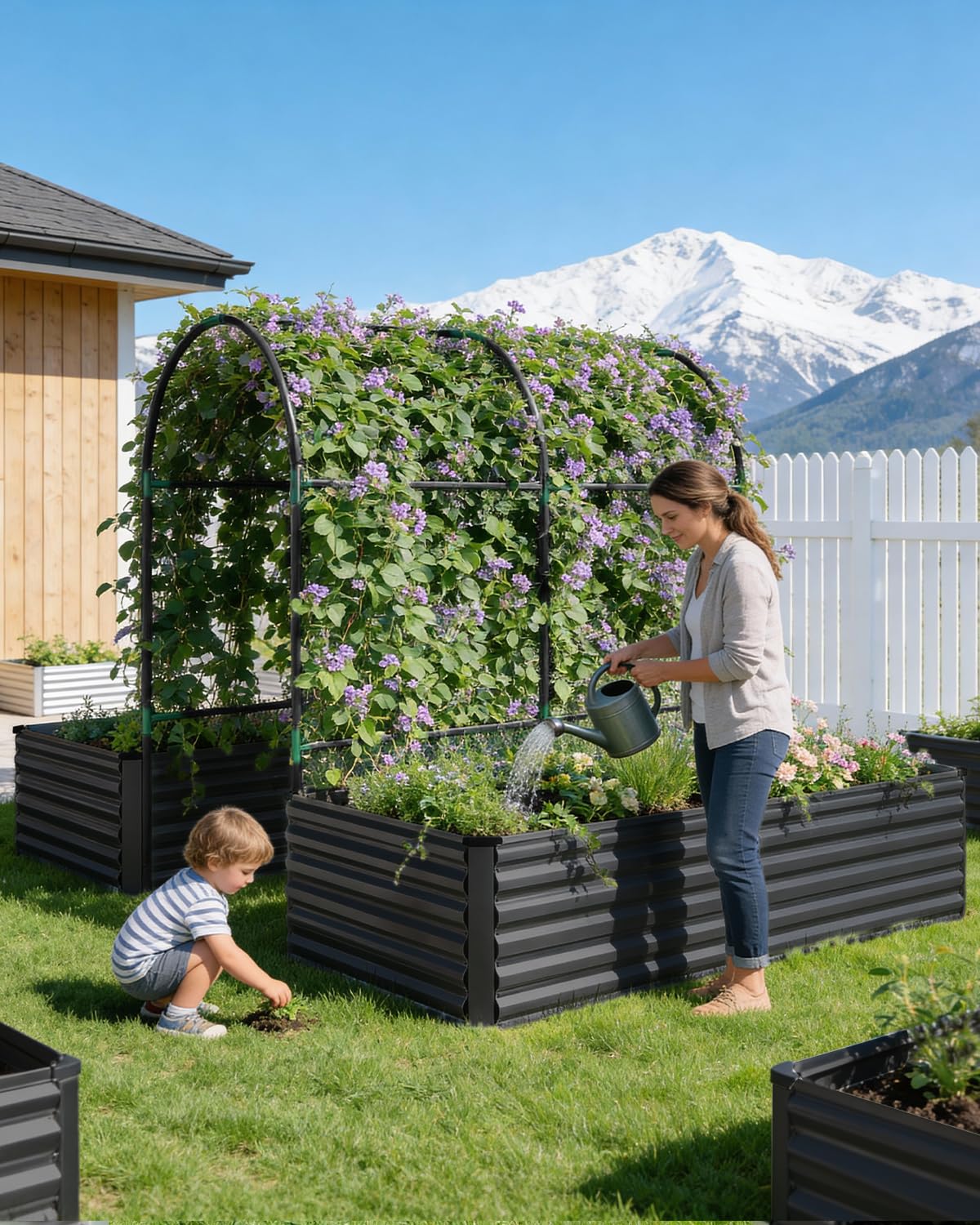 Raised Garden Bed with Arch Trellis for Climbing Plants,Galvanized Raised Garden Bed,Planter Boxes Outdoor for Vegetables Flowers Herb,269 Gallon Capacity Black