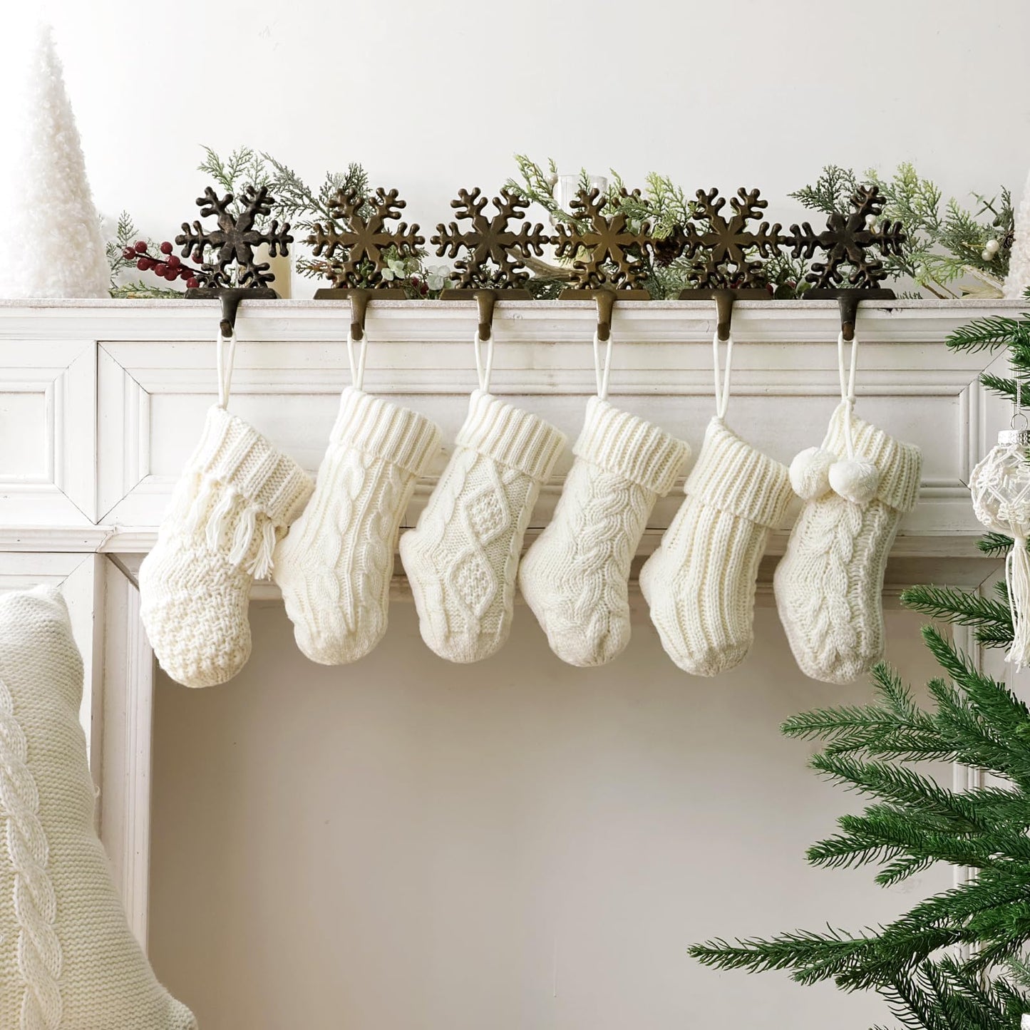 Rustic Mini Knitted Christmas Stockings: 6 Pack 9 Inch Beige Cable Knit Fireplace Stockings, Farmhouse Boho Style Cozy Handmade Hanging Xmas Stocking Decorations for Family Holiday Décor, Cream White