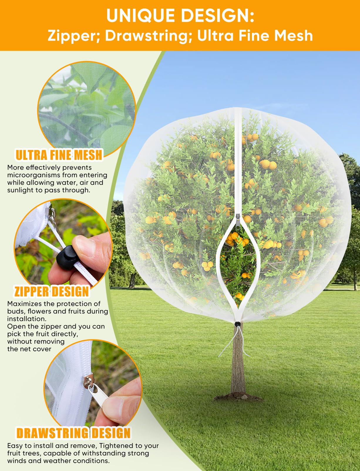 VITI Fruit Tree Netting for Cicadas - with 2Pcs 6Ftx5.3Ft Zipper&Drawstring Protection for Your Fruit Trees Garden Bird Netting Covers Blueberry Bush Tomato Bug Plant Protection Cherry Apple Tree