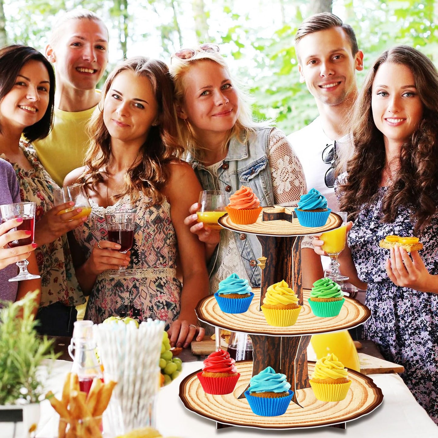 Wooden 3 Tier Cupcake Stand Decoration - Rustic Wood Cupcake Stand Decor for Camping, Birthday, Safari Party Supplies