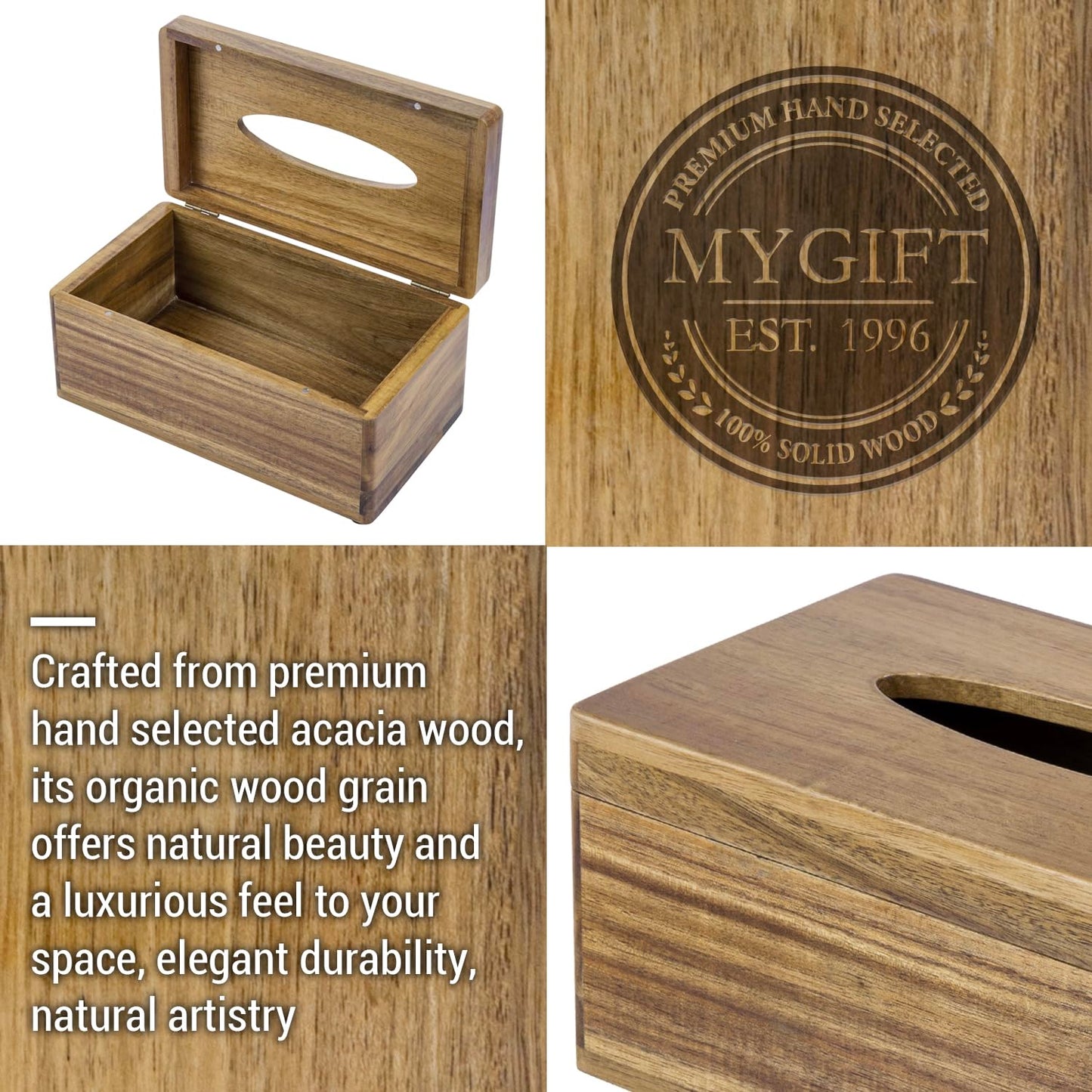 MyGift Premium Acacia Solid Wood Rectangular Tissue Box Holder with Hinged Magnetic Lid, Decorative Bathroom Countertop Facial Tissues Dispenser with Flip Top Cover