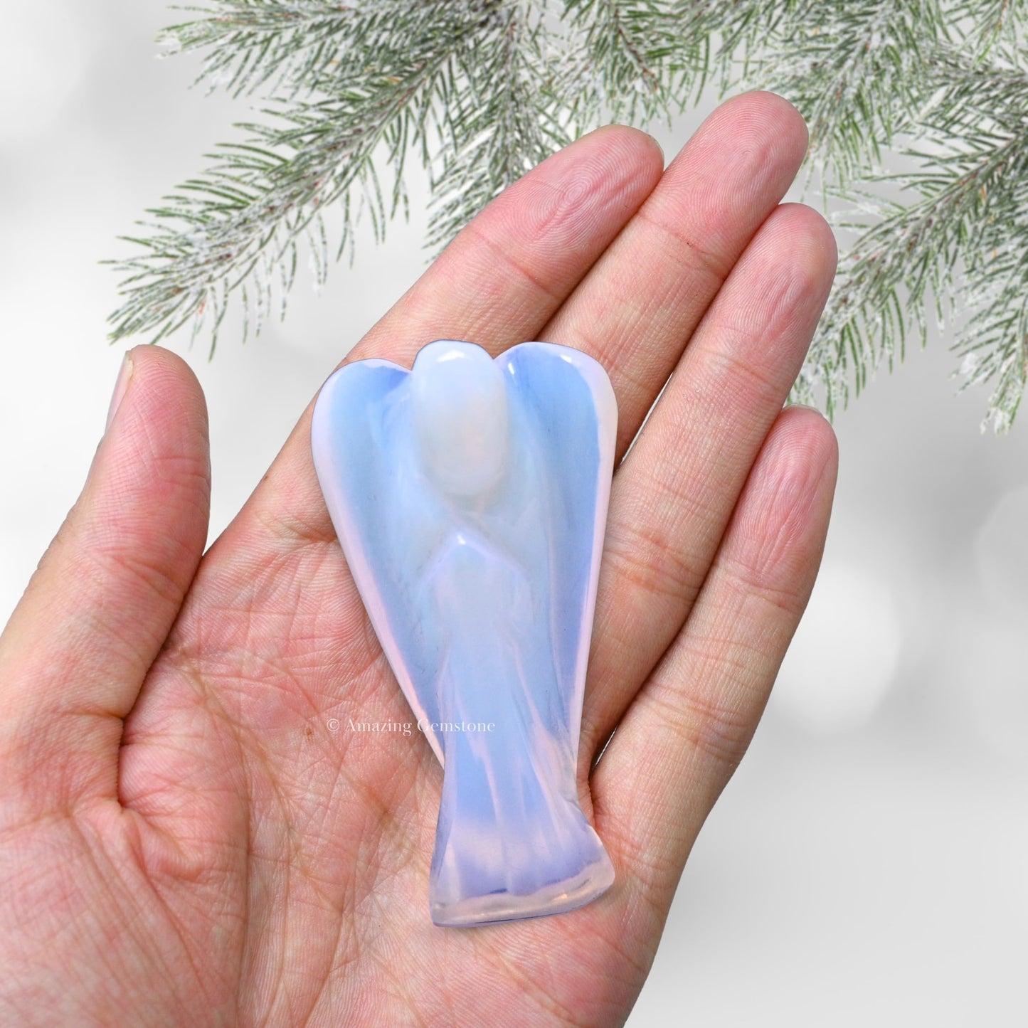 Amazing Gemstone Opalite Crystal Guardian Angel Figurines Ornament for Healing Birthstone, Decoration Statue (Hand Carved Pocket Gemstone Angel) (2 inch)