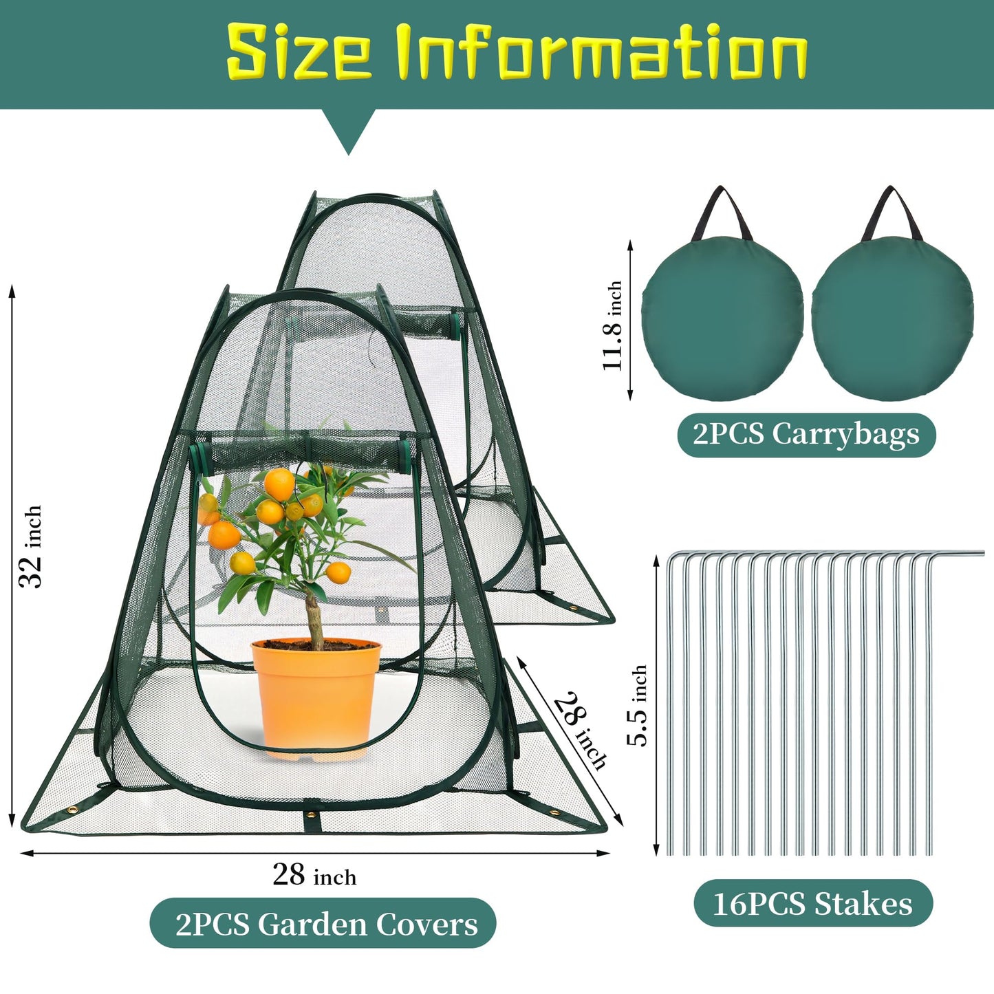 Homiton 2 Packs Pop up Garden Netting Cover Plant Guard Cover with 16 Stakes Bird Plant Tent Protector for Vegetables Fruits Flowers (2, 28 * 28 * 32 inch)