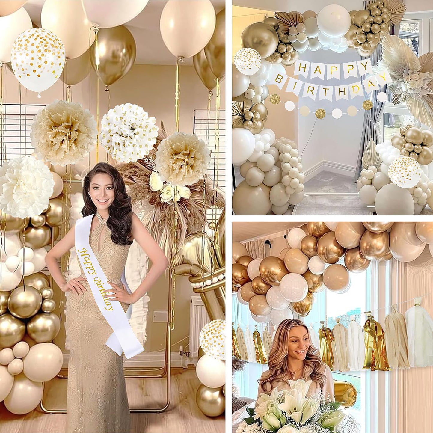 Upgraded Gold White Birthday Party Decorations for Girls Women Men with Happy Birthday Sash,Banner,Tissue Pompoms,Circle Dots Garland,Paper Tassels Garland, cake topper for Her Decor