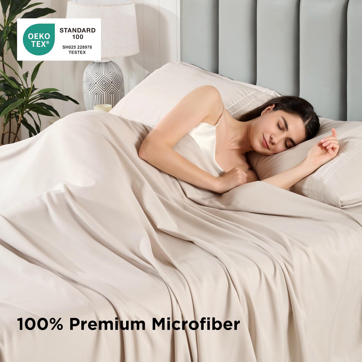 Baskbed Queen Size 4 Piece Sheet Set with Embroidered Pillowcases, Ultra-Soft Microfiber Comfy Breathable & Cooling Bed Sheets, Deep Pocket Fitted Sheets and Hotel Luxury Cozy Flat Sheets, Beige