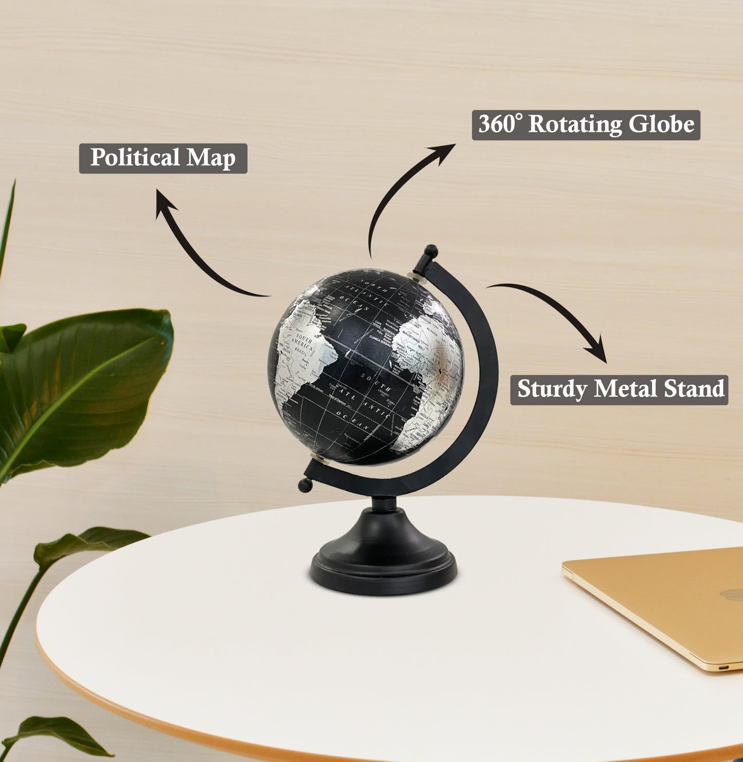 Rely+ 5" World Globe With Sturdy Metal Stand (NOT PLASTIC!) - Desktop Globes For Home Desk Table Office Decor - Book Shelf Decor Globe - 5 Inch - Metallic Black