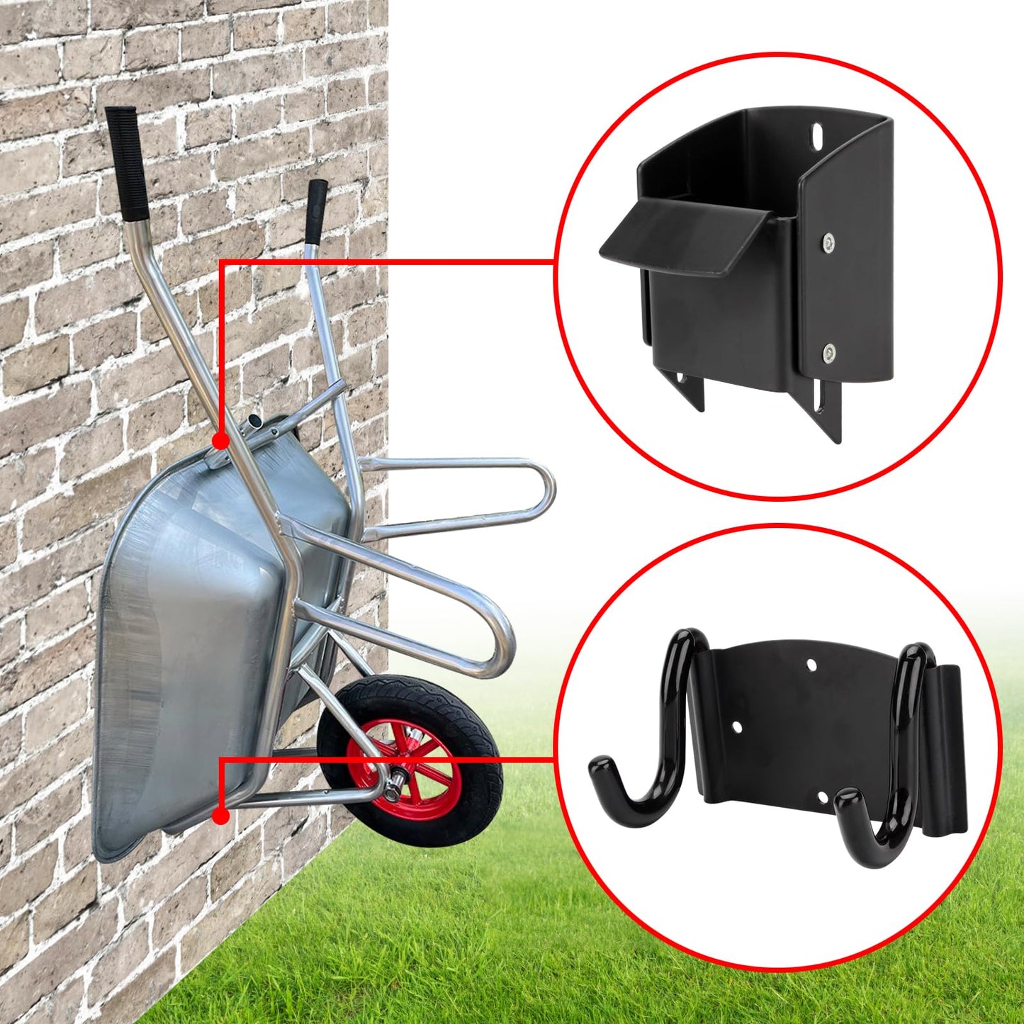 DIICCYO Heavy-Duty Wheelbarrow Storage Bracket Hook, Wheelbarrow Holder Trolley Storage Bracket with Top Lift Latch Storage Hook for Most Wheelbarrows for Outdoor Use, Black
