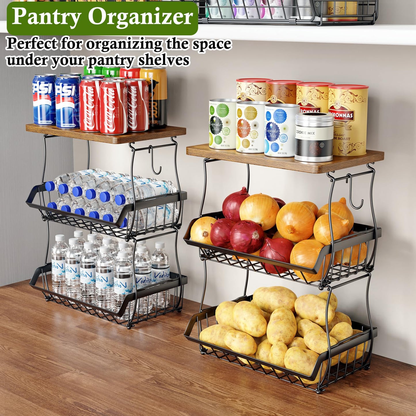 OKZEST 3-Tier Fruit Basket for Kitchen Counter with Banana Hangers, Countertop Organizer Fruit Bowls with Wood Top, Fruit Storage Basket Stand for Storage Potato Onion Bread Snack Fruit Veggie