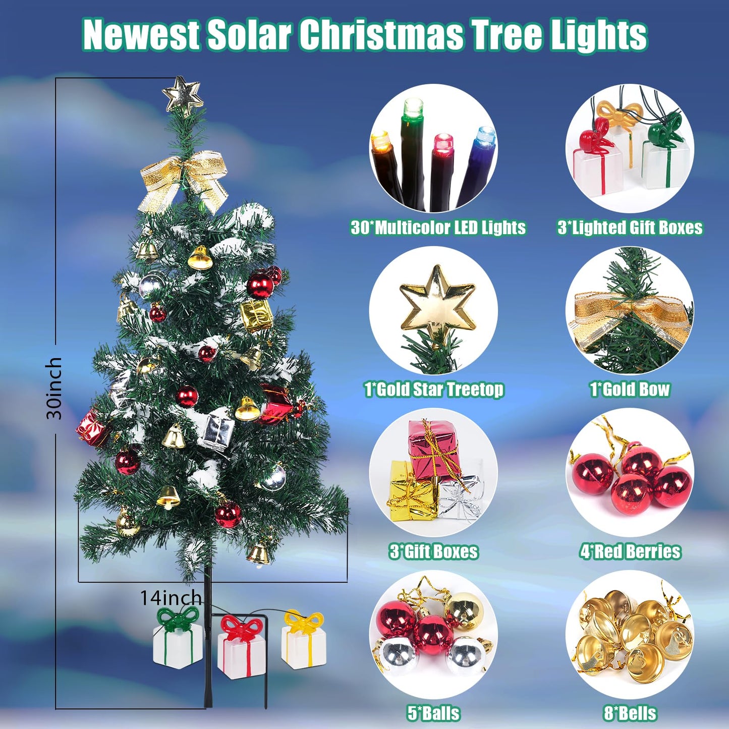 Aukora Solar Christmas Tree Lights Outside Decorations 31 in,8 Modes Christmas Light Outdoor Waterproof with 23 Xmas Accessories & 3 Gifts Box Lights for Garden Pathway Cemetery Decorations,2Pack