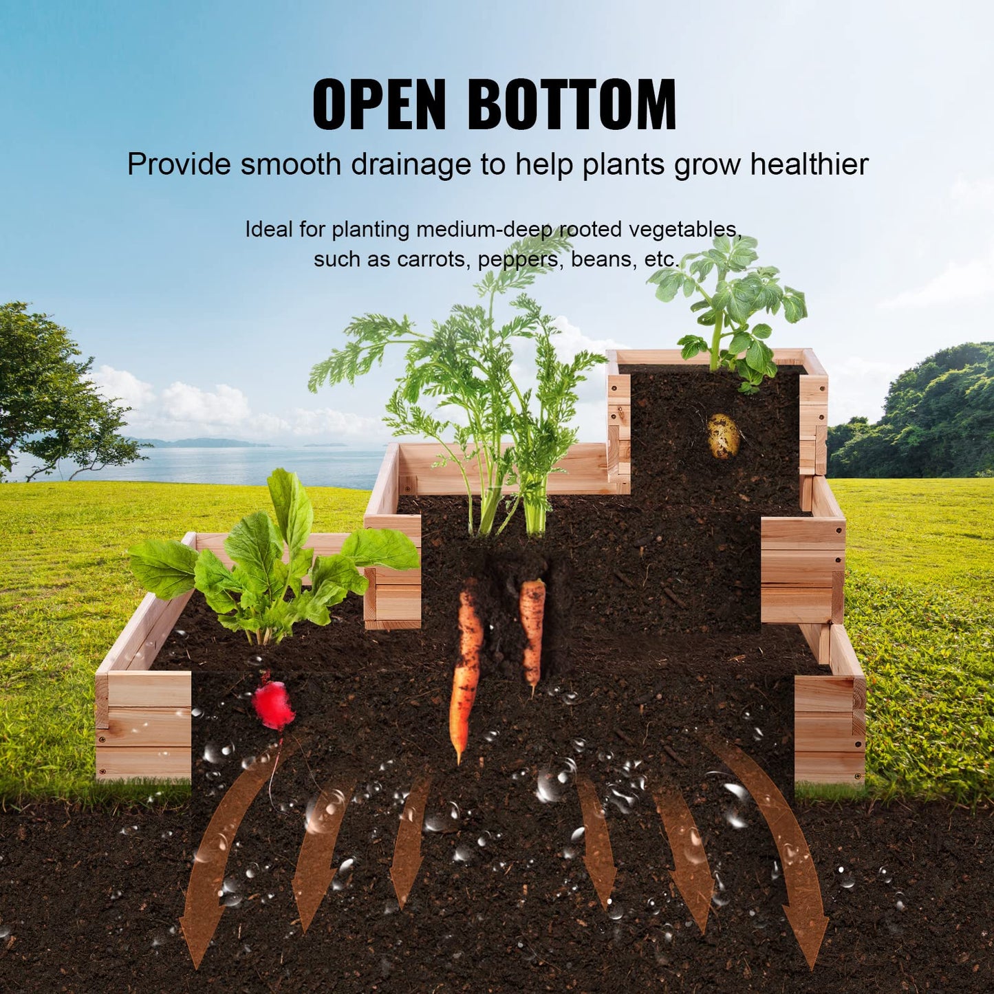 VEVOR 3 Tier Raised Garden Bed Wood Outdoor, 45 x 45 x 20in High End Natural Fir Wood Planter Box, Outdoor Planting Boxes for Flowers/Vegetables/Herbs in Backyard/Garden/Patio/Balcony, with Open Base
