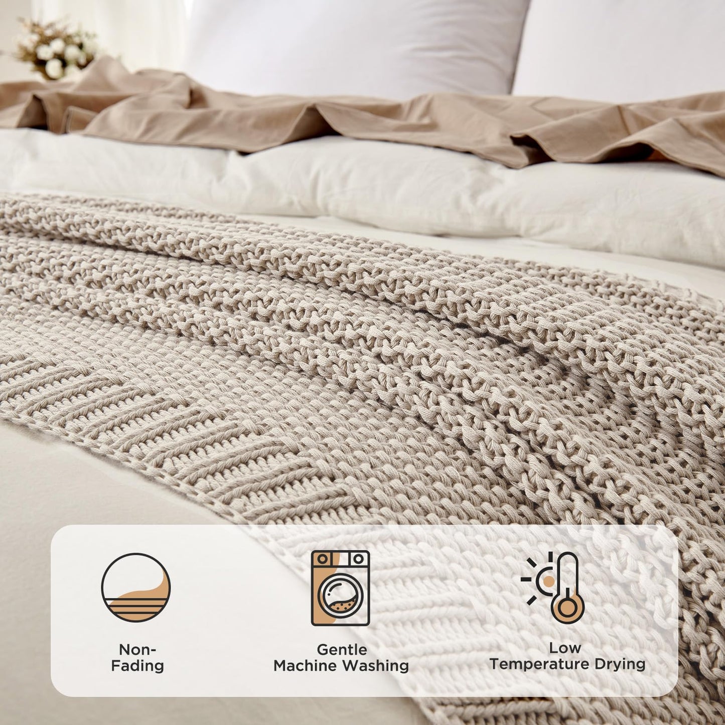 Joydeco Chunky Cable Knit Throw Blanket, Lightweight 100% Organic Cotton Soft Cozy Throw Twin Blanket for Couch Bed and Sofa, Rustic Breathable Farmhouse Blanket Gift for Women Men(Beige, 51"x63")