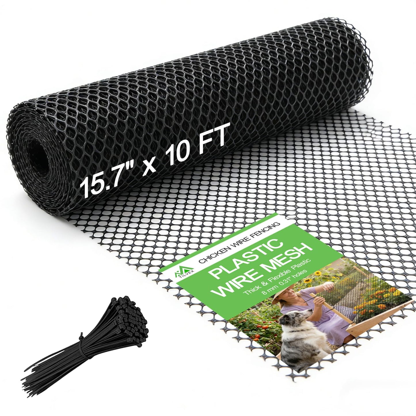 Tilvex 15.7" x 10' Plastic Mesh Fence Roll - Heavy Duty Chicken Wire Mesh Fence - Upgraded Thick Animal Barrier for Garden, Balcony Railing Safety Net, Poultry Netting with 20 Zip Ties, Black