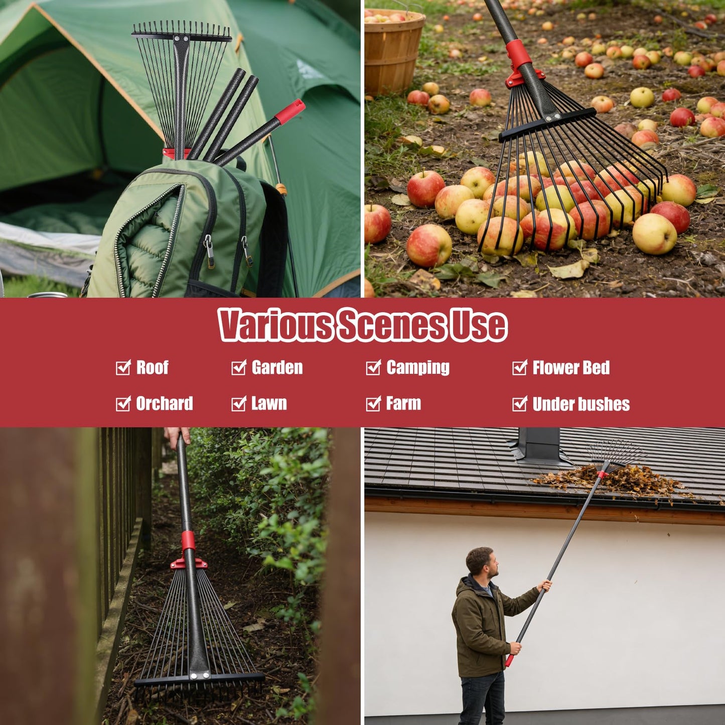 Garden Rake for Leaves: 55 Inch Adjustable Long Handle 18 Metal Tines with 8-17" Expandable Head Heavy Duty Metal Rake for Lawns Leaves Yard Grass Camping Debris
