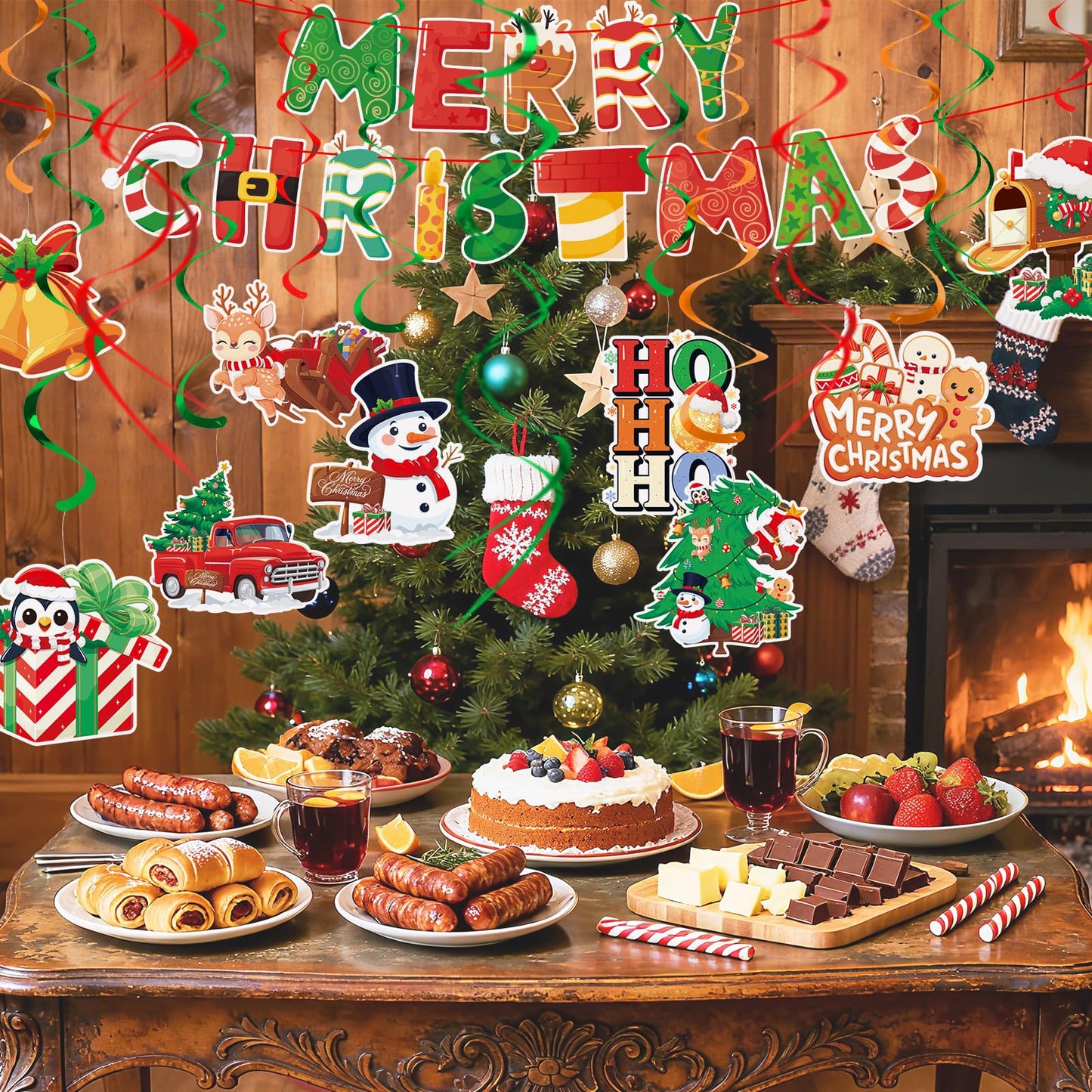 Christmas Decor Set: Banner & Hanging Swirls - for Home, Office, Classroom Indoor Christmas Party Decorations