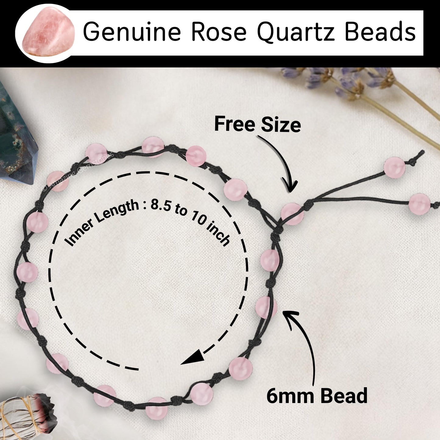Amazing Gemstone Rose Quartz Anklet Ankle Bracelets for Women - Waterproof Beaded Healing Crystal Anklets, Plus Size Chakra Gemstone Bead Anklet (Stretchy Adjustable - Hand Knotted)
