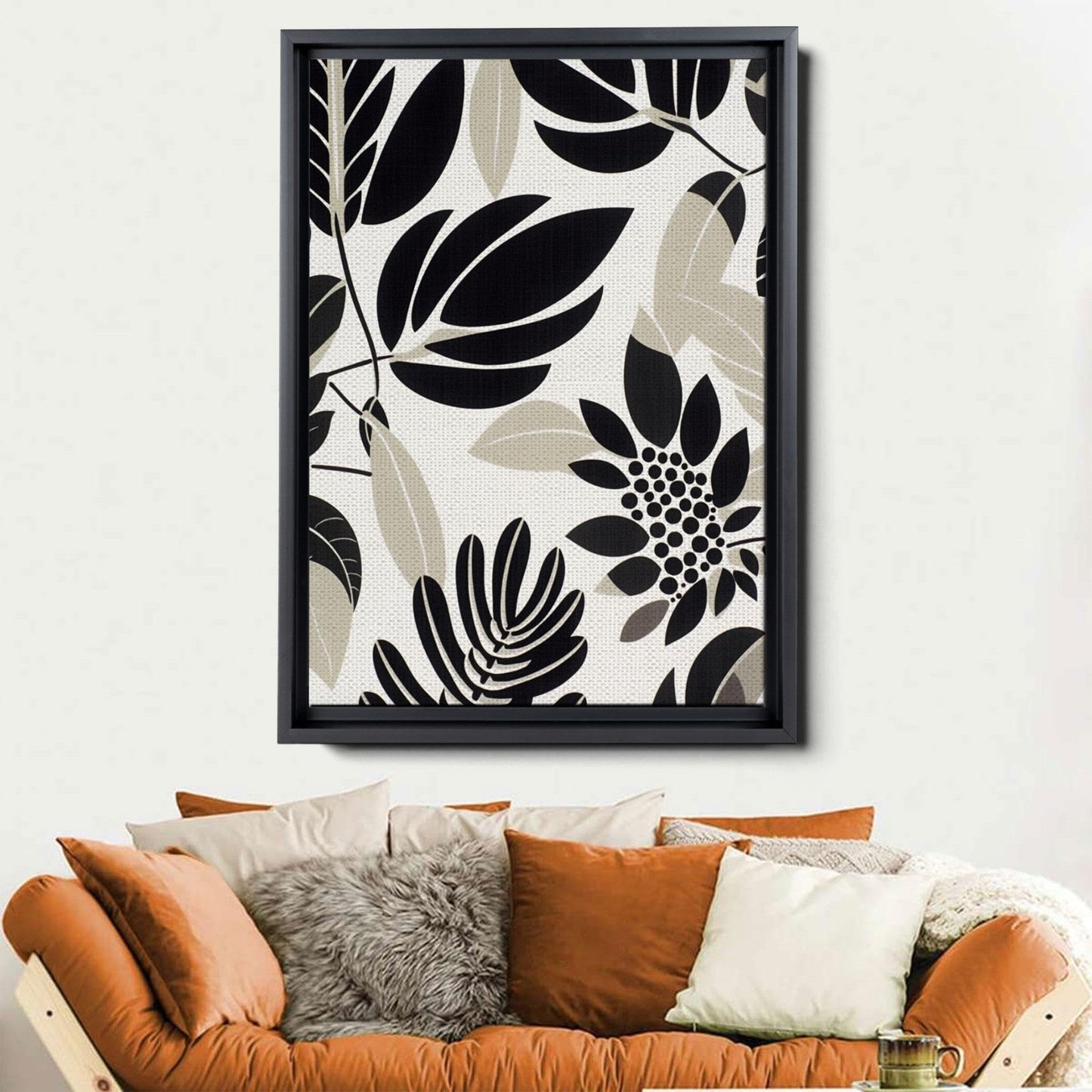Scandinavian Folk Art, Black and Beige Abstract Botanical Wall Art for Scandinavian Home Decor