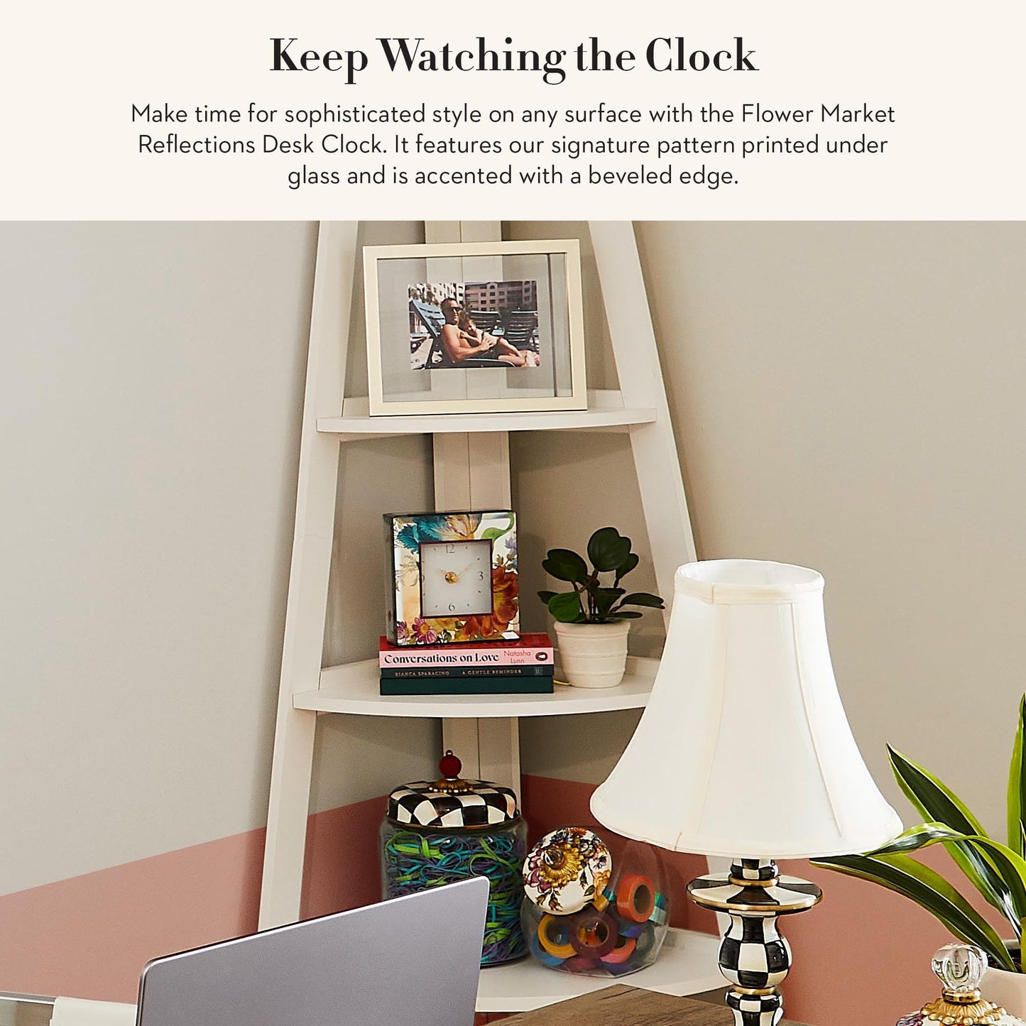 MACKENZIE-CHILDS Desk Clock, Decorative Clock for Kitchen and Living Room, Flower Market Reflections