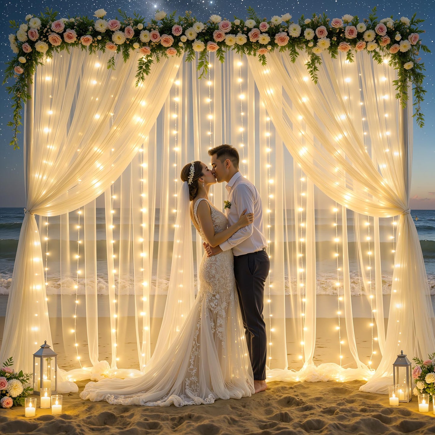 10x10ft Cream White Tulle Backdrop Curtains with Lights String for Parties,Wrinkle Free Sheer Curtain Wedding Photo Backdop Drapes for Baby Shower Birthday Party Photography Home Decorations