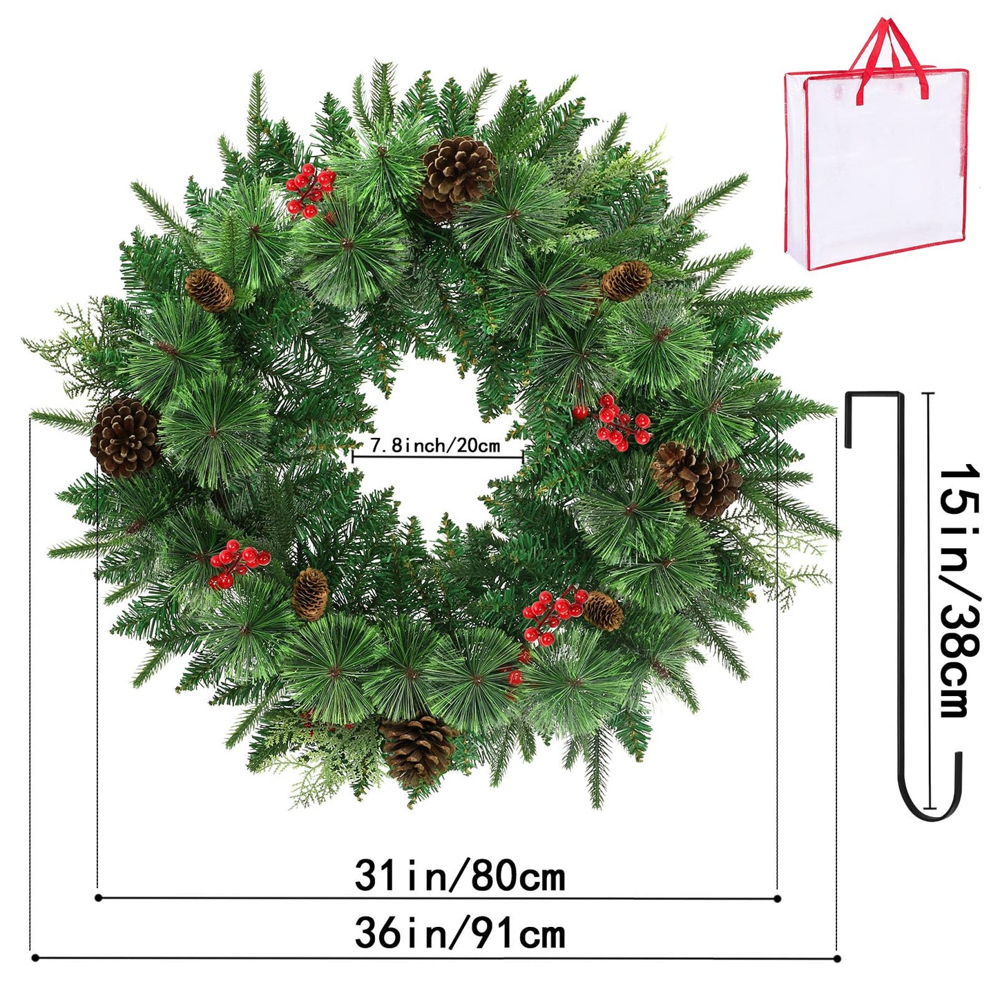 Remote Control 36" Pre-Lit Artificial Christmas Wreath, Norwood Fir Carolina Pine with Crestwood Spruce Pine Cones and Berry Clusters Warm White 75 LED Lights Christmas Decor in/Outdoor Holiday Decor