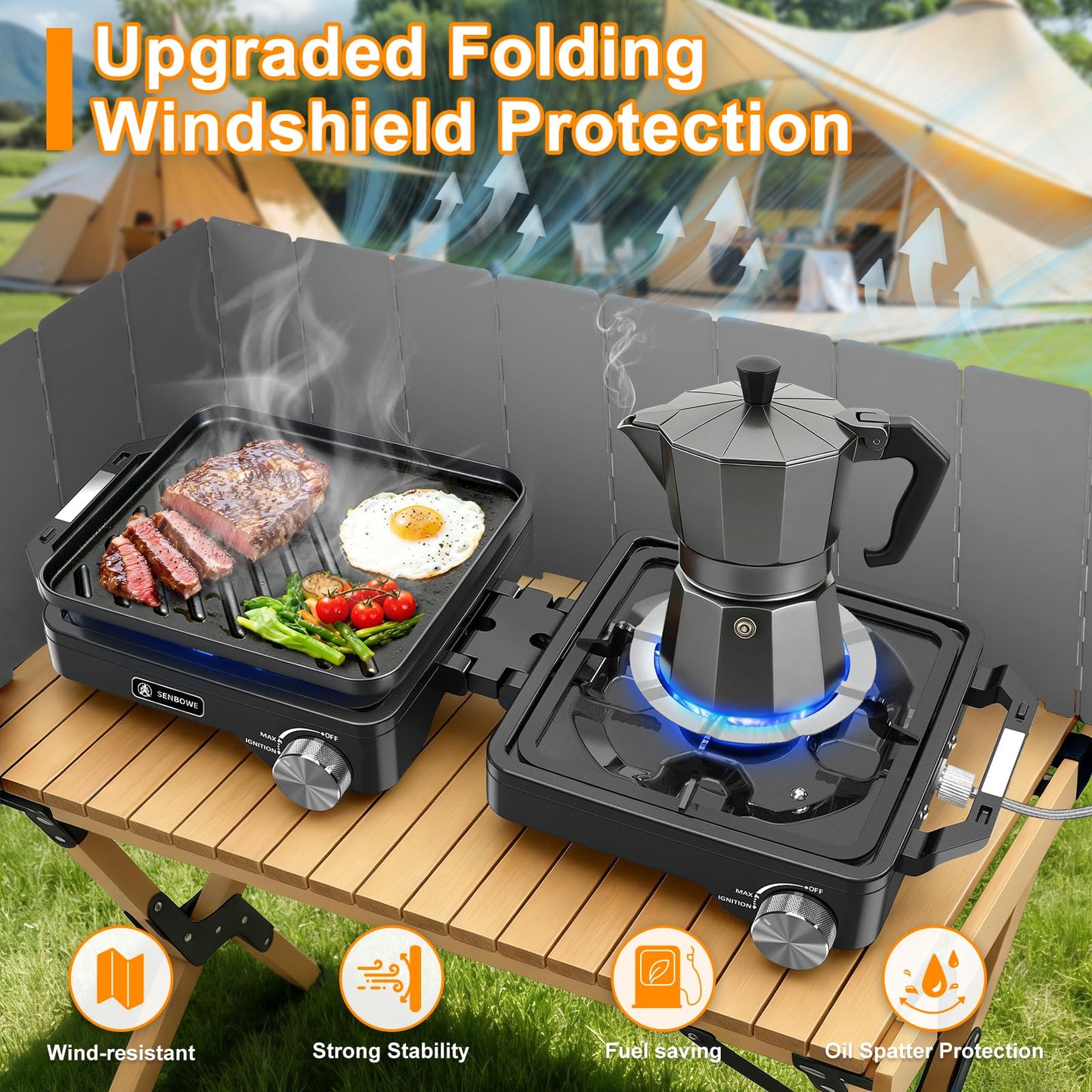 2-Burner Pro Camping Stove,24000 BTU Camp Stove,Foldable Propane Stove Includes Carry Bag,Windscreen Griddle, Portable Stove,Camping Essentials,Suitable For Outdoor Cooking,Tailgating,Grilling (Black)