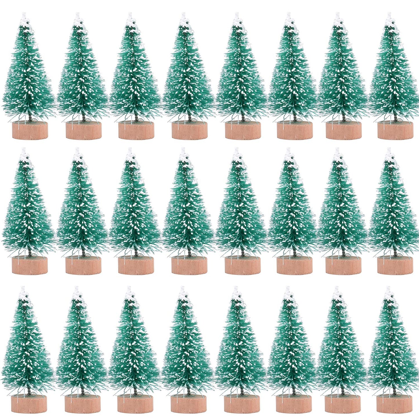 24 Pieces Artificial Mini Christmas Sisal Snow Frost Trees with Wood Base Bottle Brush Trees Plastic Winter Snow Ornaments Tabletop Trees for Christmas Party Home Decoration (Green)