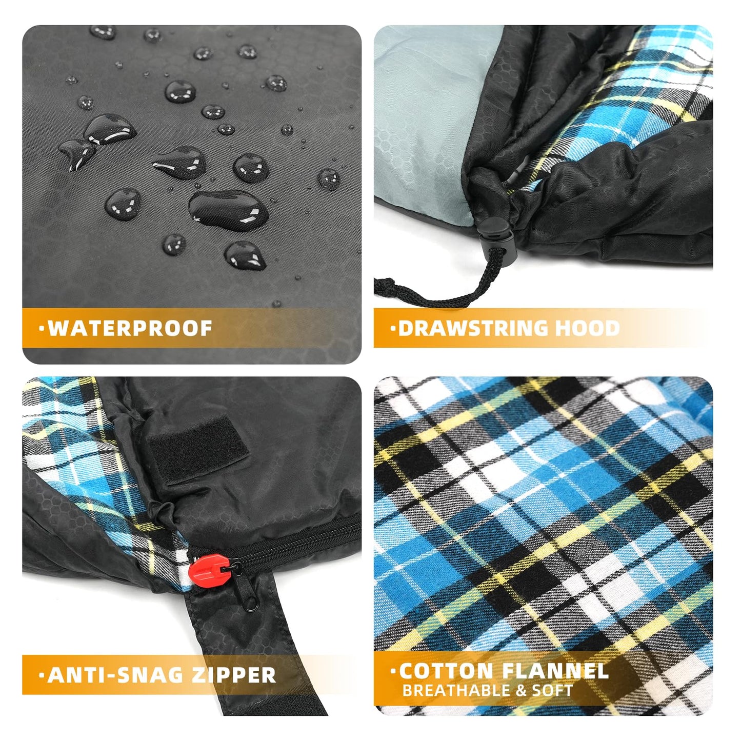 Cotton Flannel Liner Sleeping Bag for Adults Teens Kids, Cold Weather & Warm, 3 Seasons, Lightweight Compact Camping Essentials Equipment, Hiking, Outdoor, Travel (Bias) (Black Grey)