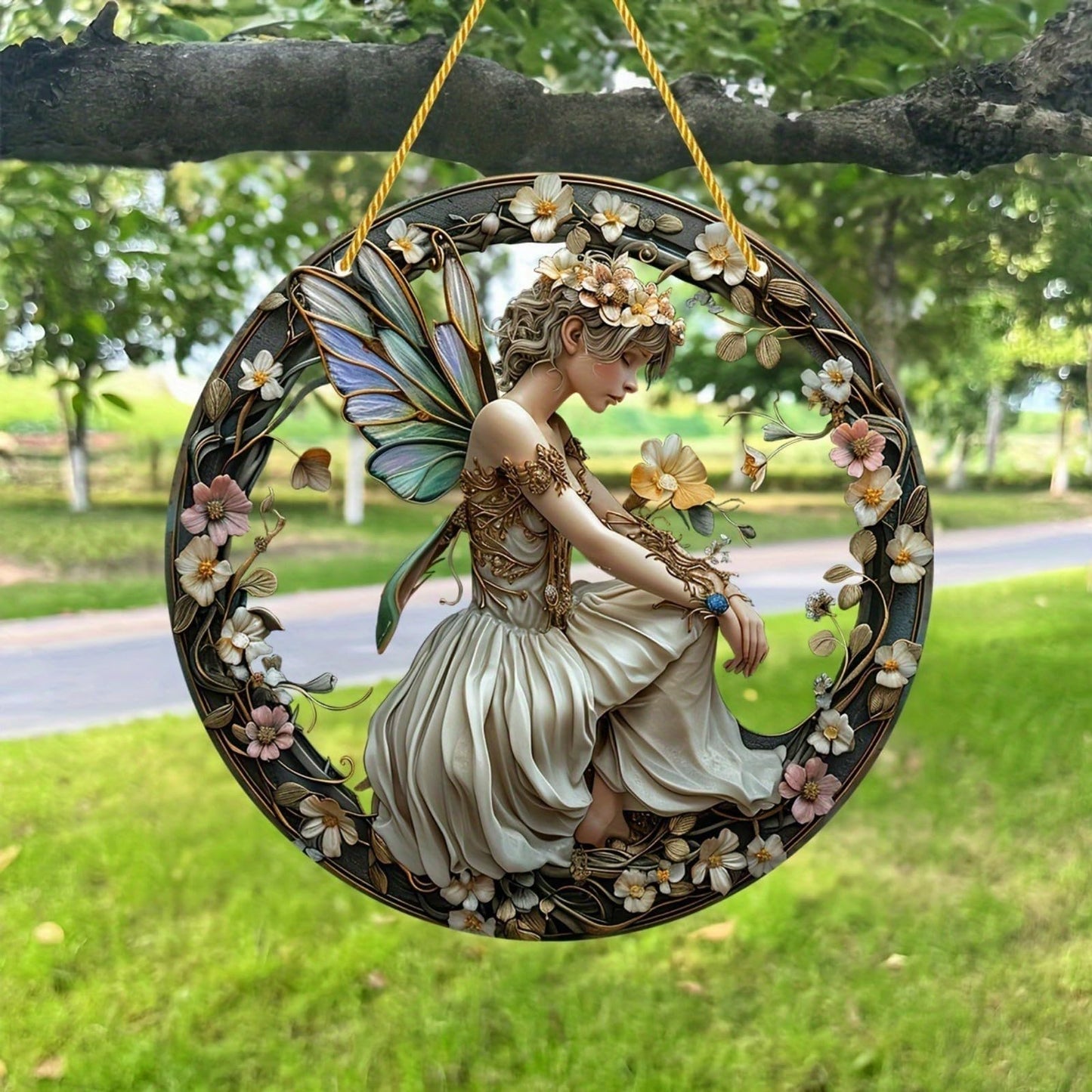 VTYFRY Flower Fairy Garden Decorations Angel Wing Christmas Halloween Deco Statue Art Elf Sculpture Hanging Craft for Outdoor Yard Courtyard Lawn Patio Window Acrylic Ornament Home Gift (B,S: 6*6 IN)