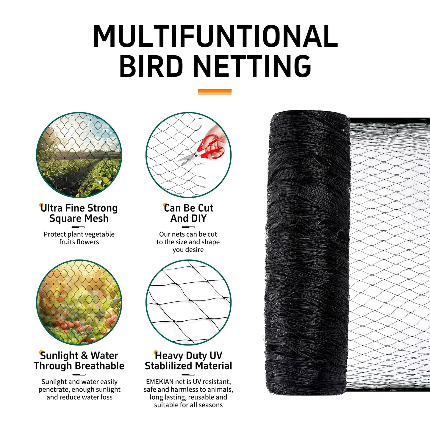 EMEKIAN Garden Netting, 25' x 50' Heavy Duty Bird Netting Deer Fence Net, 1" Mesh Poultry Netting for Chicken Coop, Run & Garden, Protect Fruit Trees, Vegetables from Birds, Deer, Squirrels