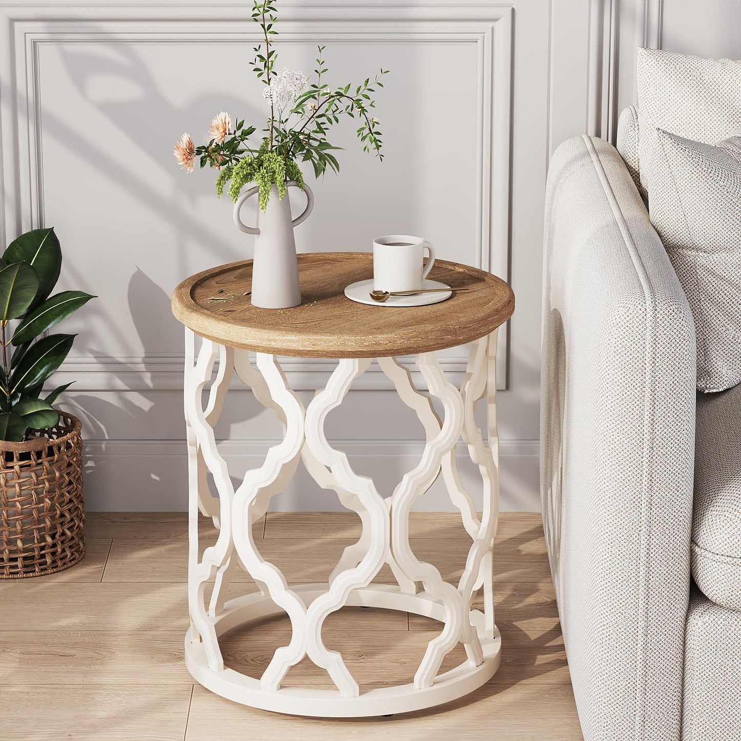 karlott Farmhouse End Table, 18.5'' French Country Round Side Table, Distressed Tray Top Side Table with Curved Motif Frame Base for Boho, End Tables Living Room, Bedroom, Small Space, Cream Beige