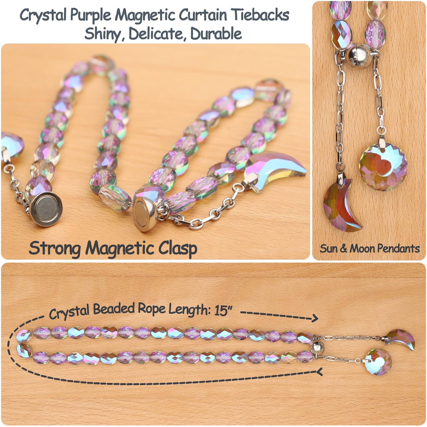 PEDOBO Magnetic Curtain Tiebacks, 2 Pack Crystal Beaded Sun & Moon Pendants Sheers/Draperies Holdbacks for Window Home Office Decor (Purple)