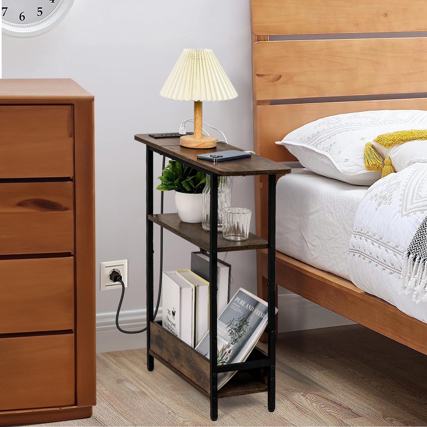 Narrow Side Table with USB-C Charging Station, 3-Tier Slim End Table with Magazine Holder, Modern Thin Side Table for Couch or Small Spaces, Skinny Nightstand for Living Room or Bedroom