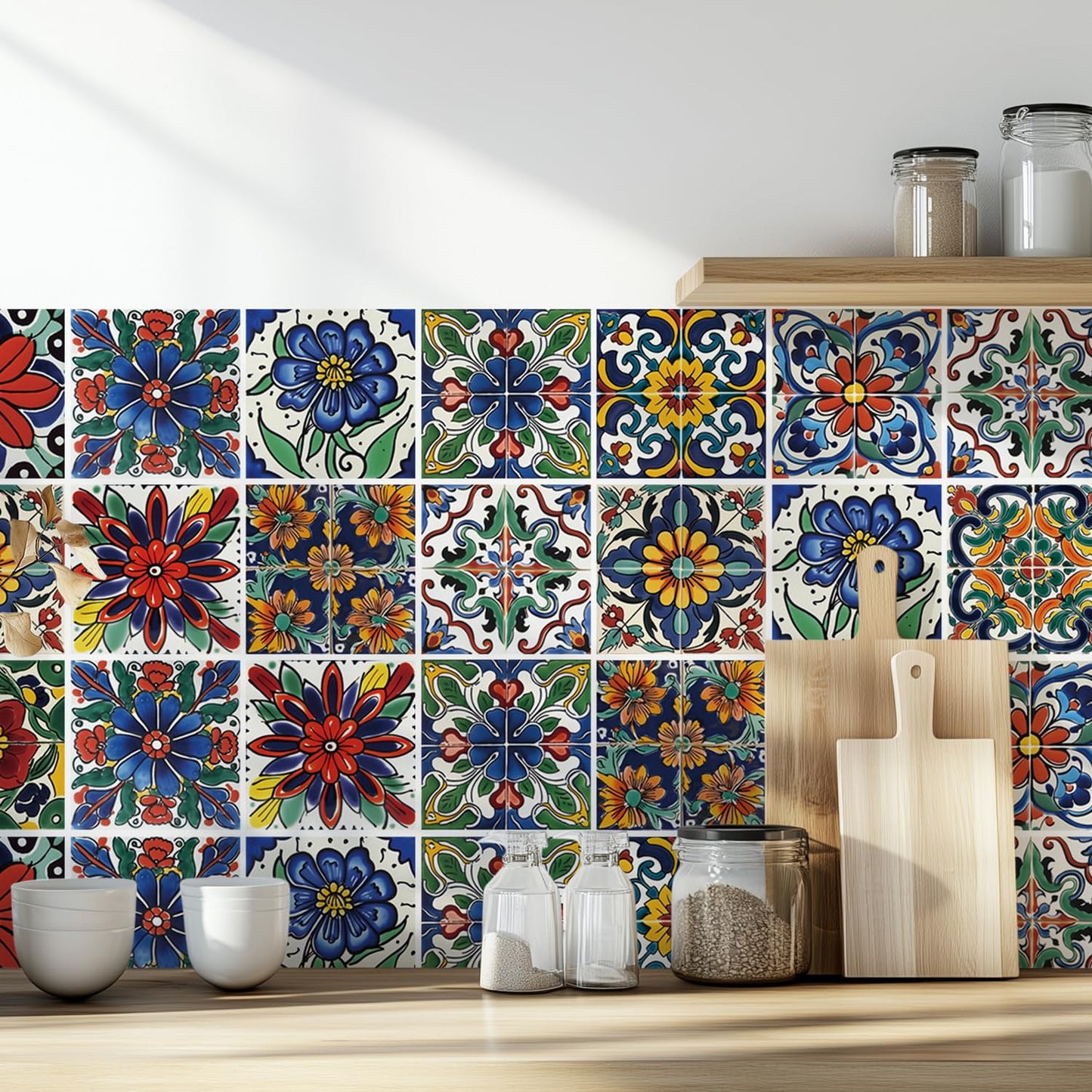 30 Pcs Mediterranean Style Peel and Stick Wall Tile Decals - Waterproof Vinyl Stickers for Kitchen Backsplash, Bathroom, Stair Riser Decor - Spanish Floral Pattern - 4x4 Inch