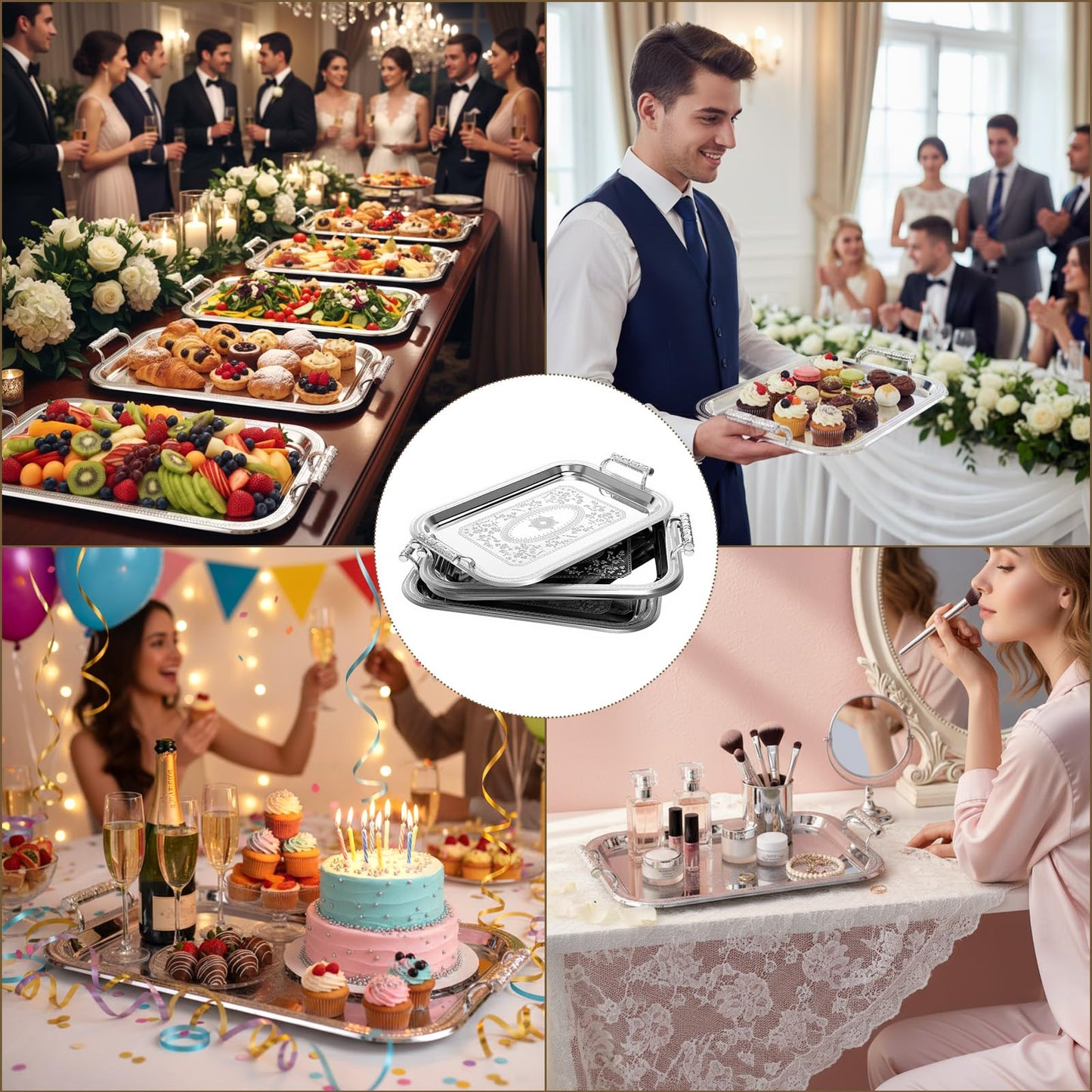 Teecyhooo 4 Pack Stainless Steel Serving Tray with Handle, 16 x 11.4 Inch Large Silver Plate Elegant Floral Metal Platter Tableware for Buffet Wedding Birthday Decorative