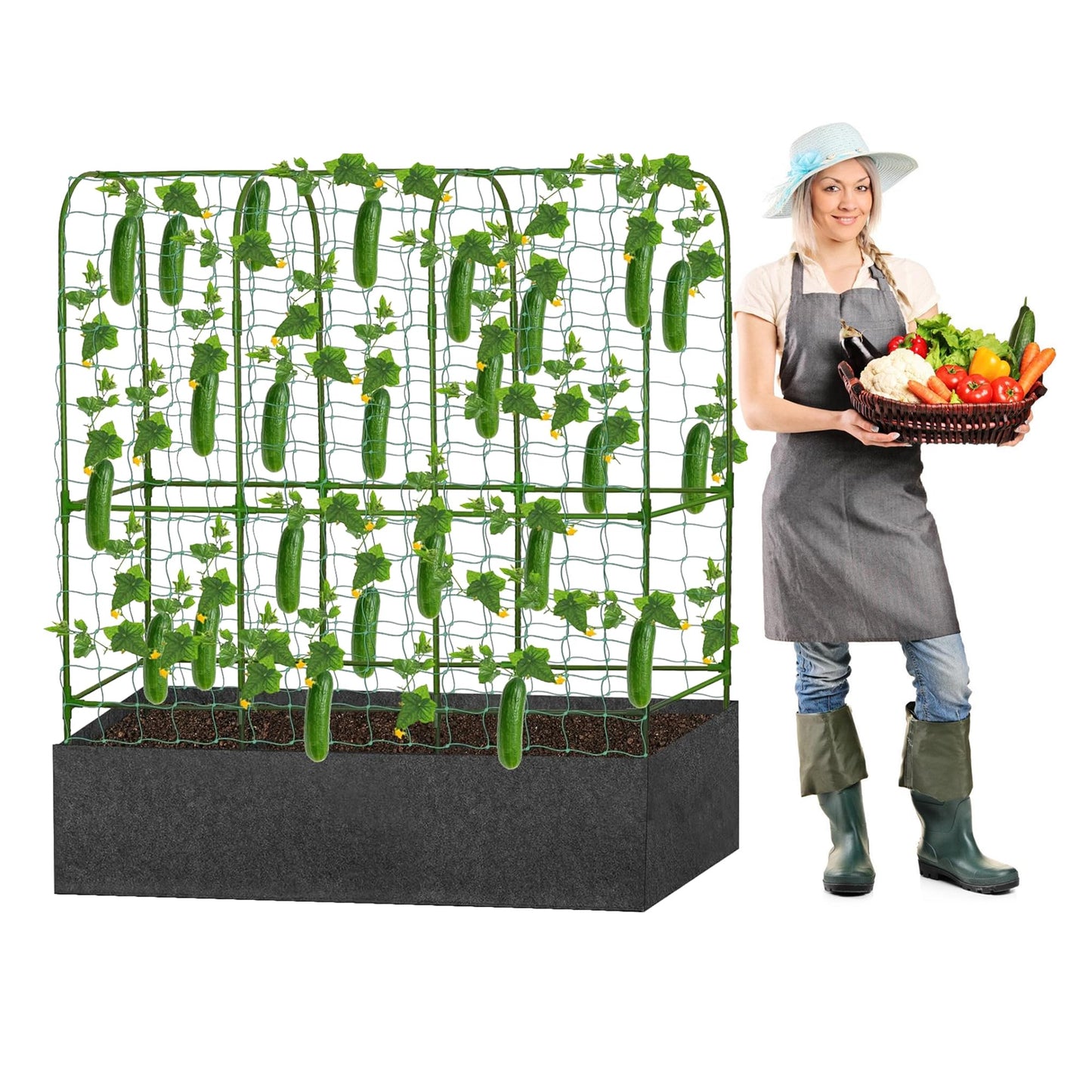 GENMOUS Garden Trellis for Climbing Plants, Cucumber Trellis with Grow Bag, 65 X 50 Inch Large Metal Trellis for Climbing Raised Bed Vegetable Outdoor