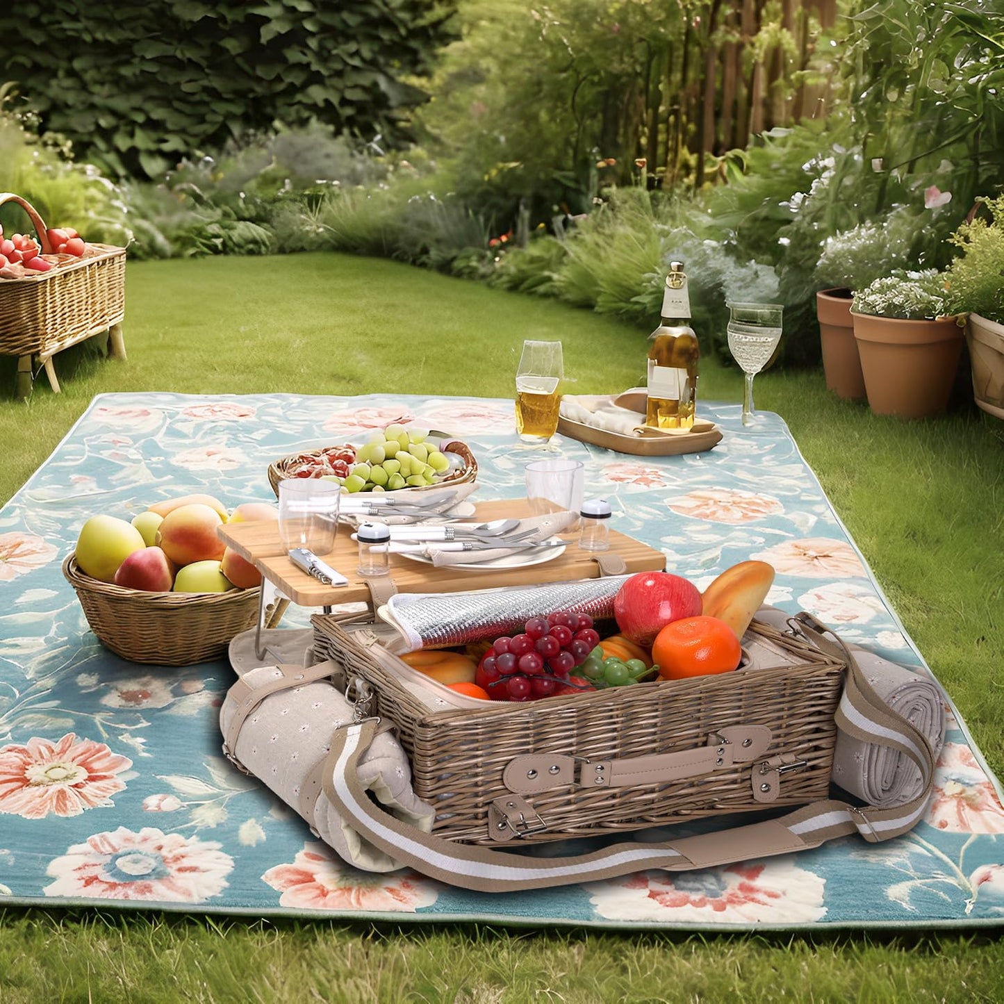 Multifunctional Wicker Picnic Basket Set for 2 with Blanket and Picnic Table, Insulated Picnic Set with Full Tablewares for Camping Outdoor Couples, Flowers