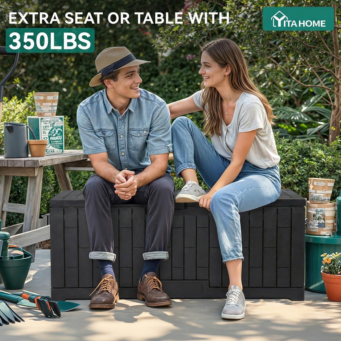 YITAHOME Large Outdoor Storage Box, 120 Gallon Waterproof Resin Deck Box with Slide-Locking Lid, Patio Storage Bin and Bench Seat for Garden Tools, Cushions & Pool Supplies, Easy Assembly, Black