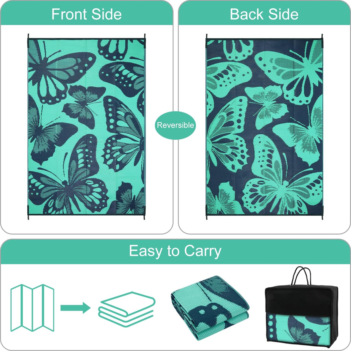 Uphome Outdoor Rug Waterproof 6x9 ft, Patio Plastic Straw Rugs for RV Camping, Reversible Butterfly Mat Outside, Indoor Outdoor Floor Carpet for Back Yard Deck Balcony Porch Beach Picnic, Teal