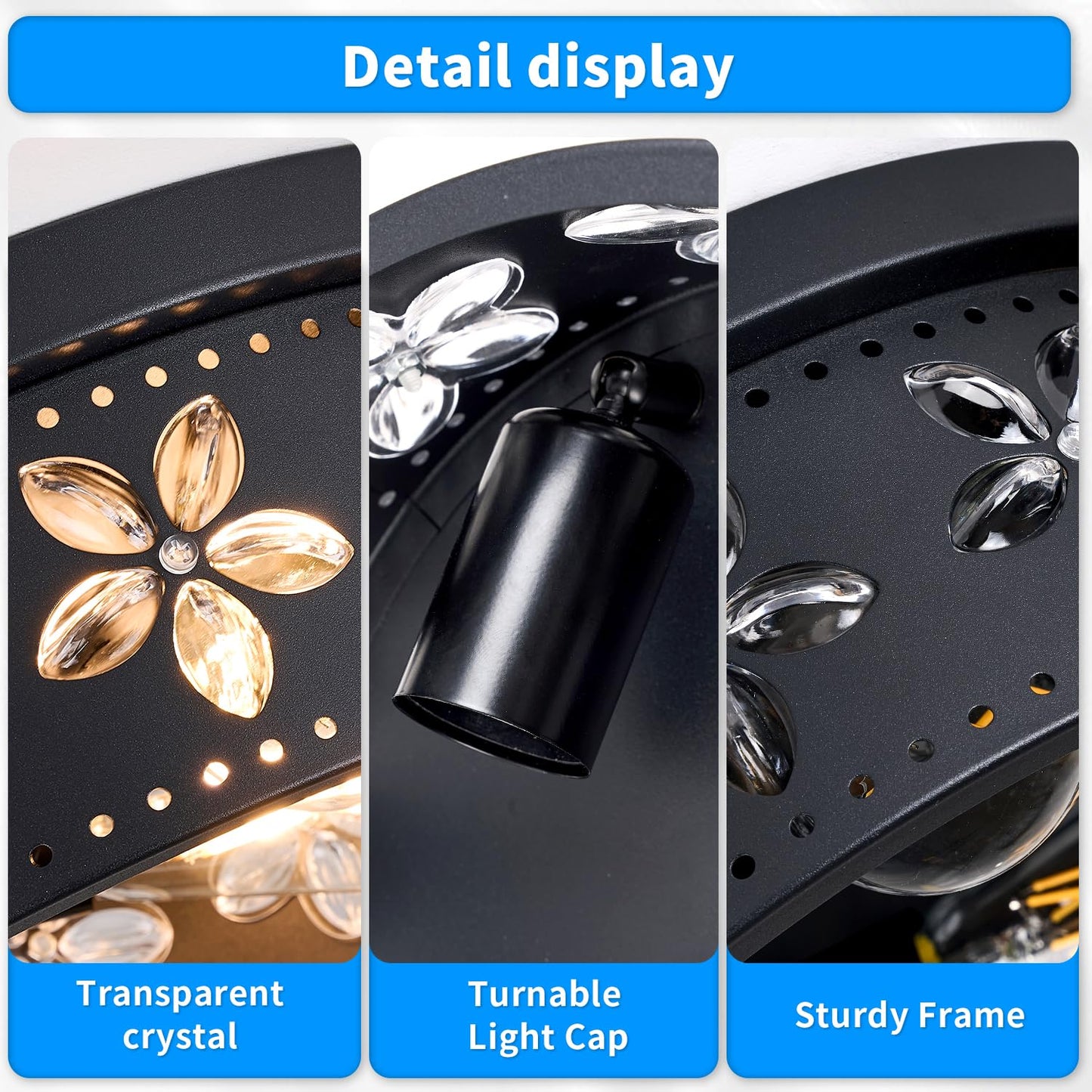 Glintawn 12.6 inch Black Flush Mount Ceiling Light Fixtures, 3-Light Ceiling Mount for Industrial, Crystal Light Fixtures for Farmhouse, Bedroom, Living Room, Kitchen, Hallway and Foyer (1 Pack)