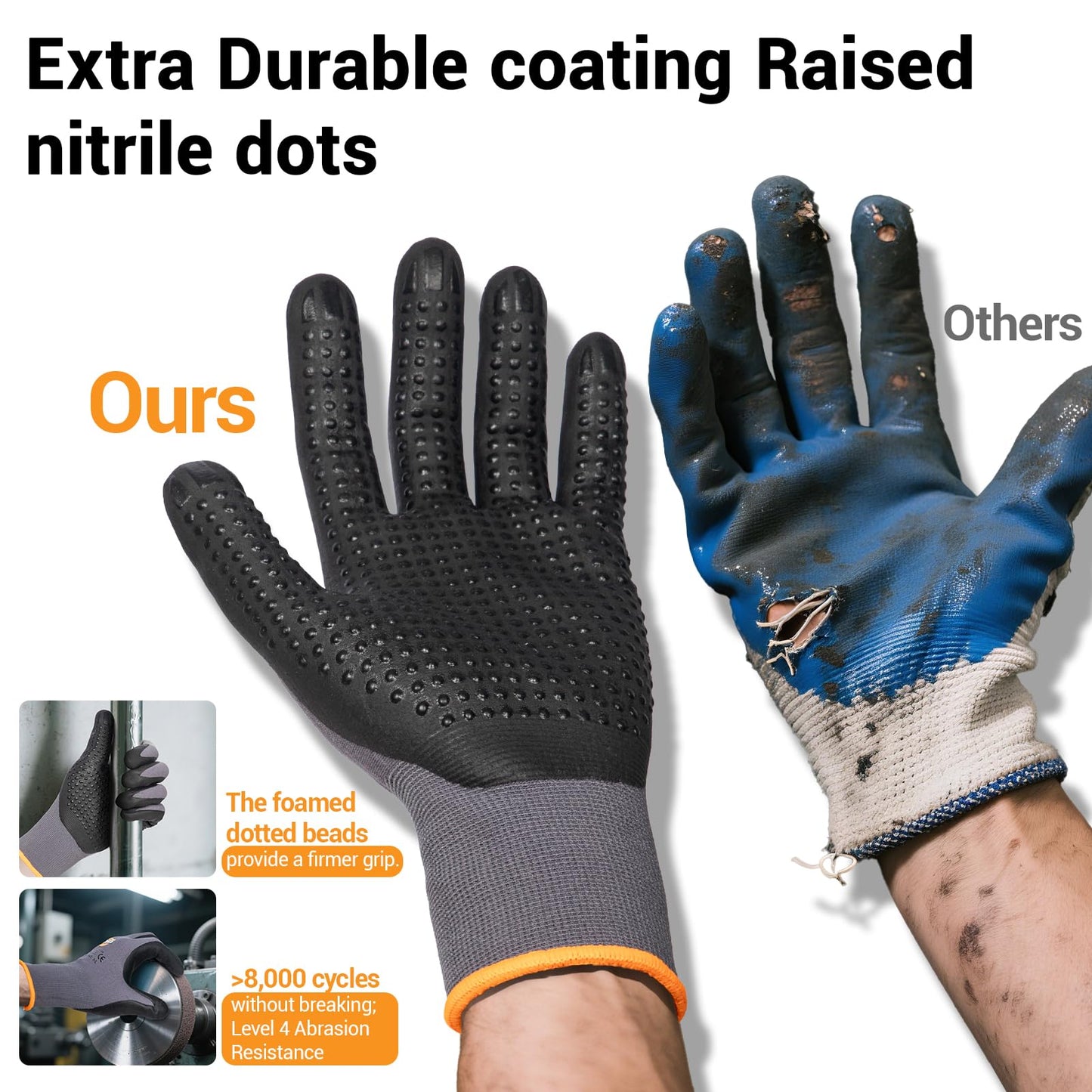 MSNCO Safety Work Gloves 6/12 Pairs Micro Foam Nitrile Coated Endurance Seamless Knit Nylon ，Wear-resistant mechanical gloves with raised dots L Bump