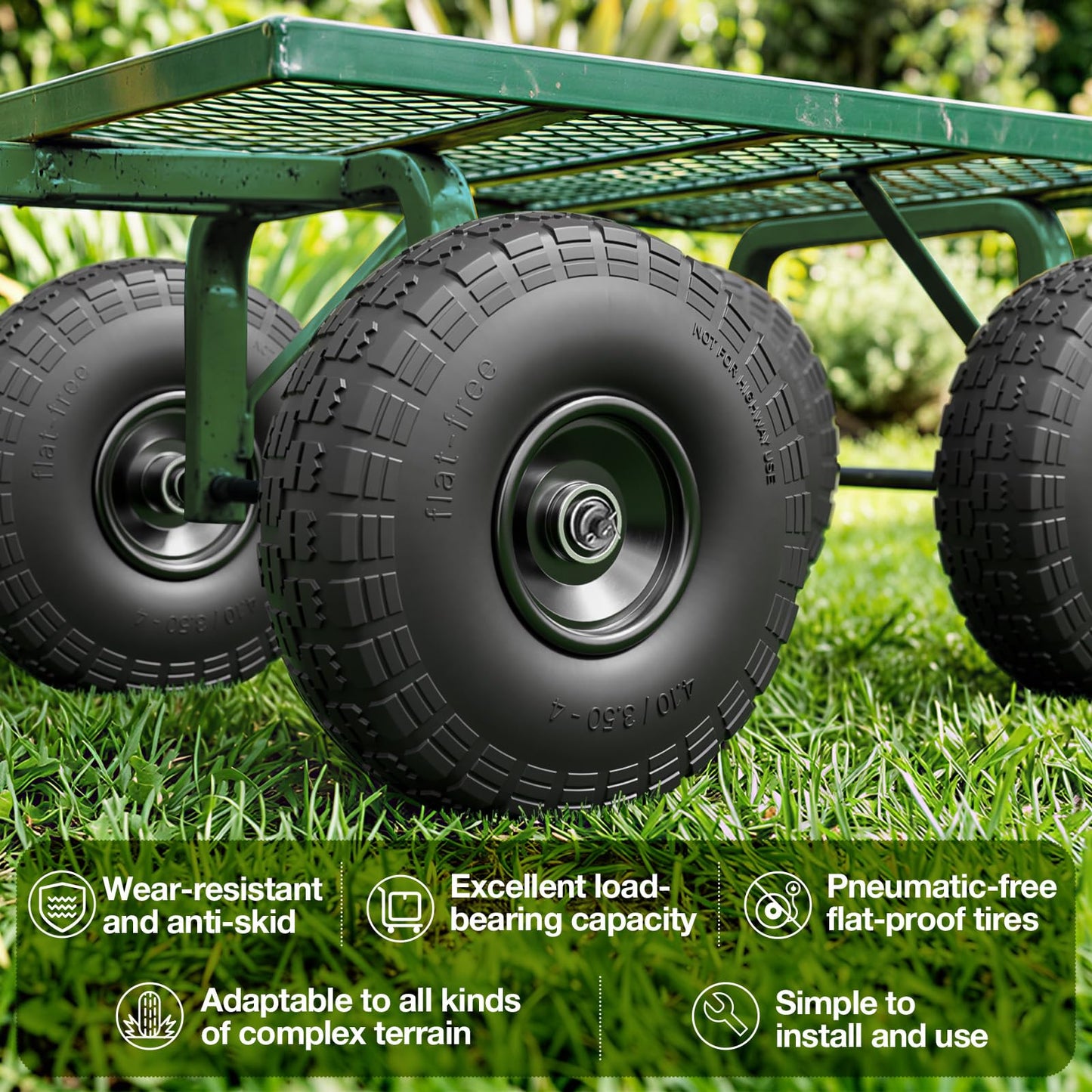 2 Pack 4.10/3.50-4 Tire and Wheel Flat Free, 10 inch Wheels 5/8" Bearings, 2.2" Offset Hub, Solid Tires for Garden Cart, Wheelbarrow, Hand Truck, Lawn Cart, Dolly, Wagon Wheels Replacement