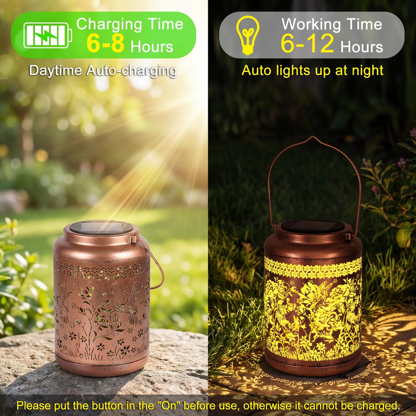 NISUNS Hummingbird Solar Lantern for Outdoor - Waterproof Mothers Day Gift for Mom Grandma Women, Hanging Garden Art Decor for Patio Backyard Porch with Auto Dusk to Dawn (Hummingbird with Flower)