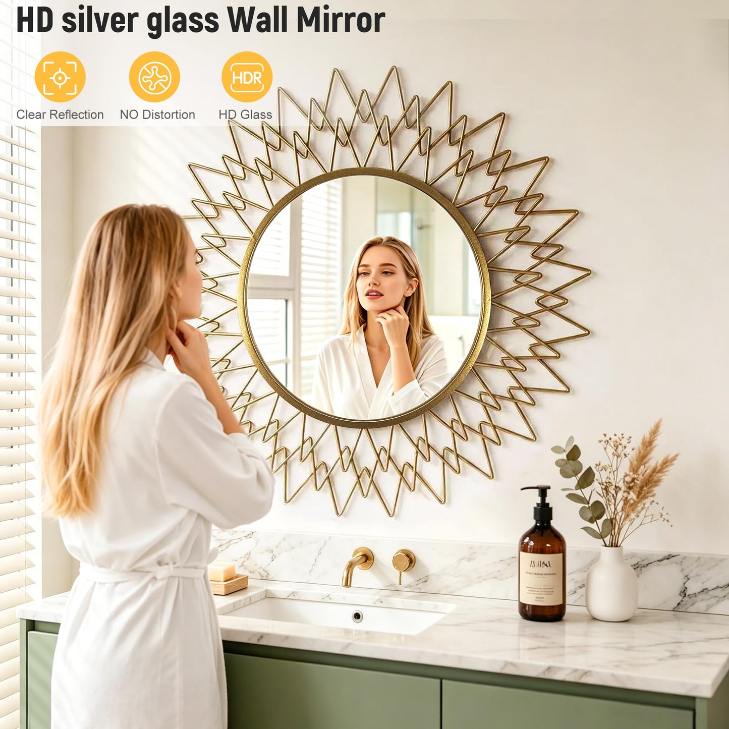 Qiqiong 36" Large Gold Sunburst Wall Mirror - Mid Century Modern Round Starburst Mirror with Metal Radiating Frame - Statement Decorative Wall Art for Living Room, Entryway, Fireplace Mantel