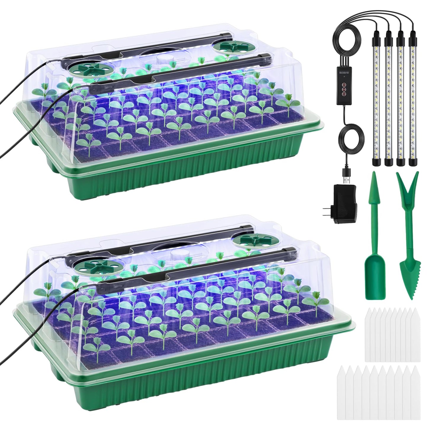 Seed Starter Tray with Timed Grow Light, 2 Pack 80 Cells Plant Starter Tray Seedling Starter Kit with Humidity Domes Base Indoor Mini Greenhouse Plant Germination Trays for Seeds Growing Starting