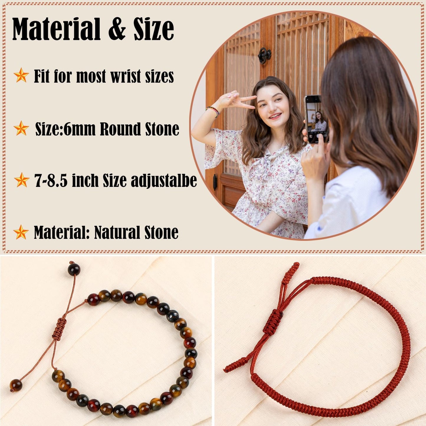LPBeads 6mm Multicolor Tiger's Eye Bracelet with Handmade Rope Bracelet Size Adjustable Natural Stone Crystal Healing Bracelets Gifts for Unisex Adults