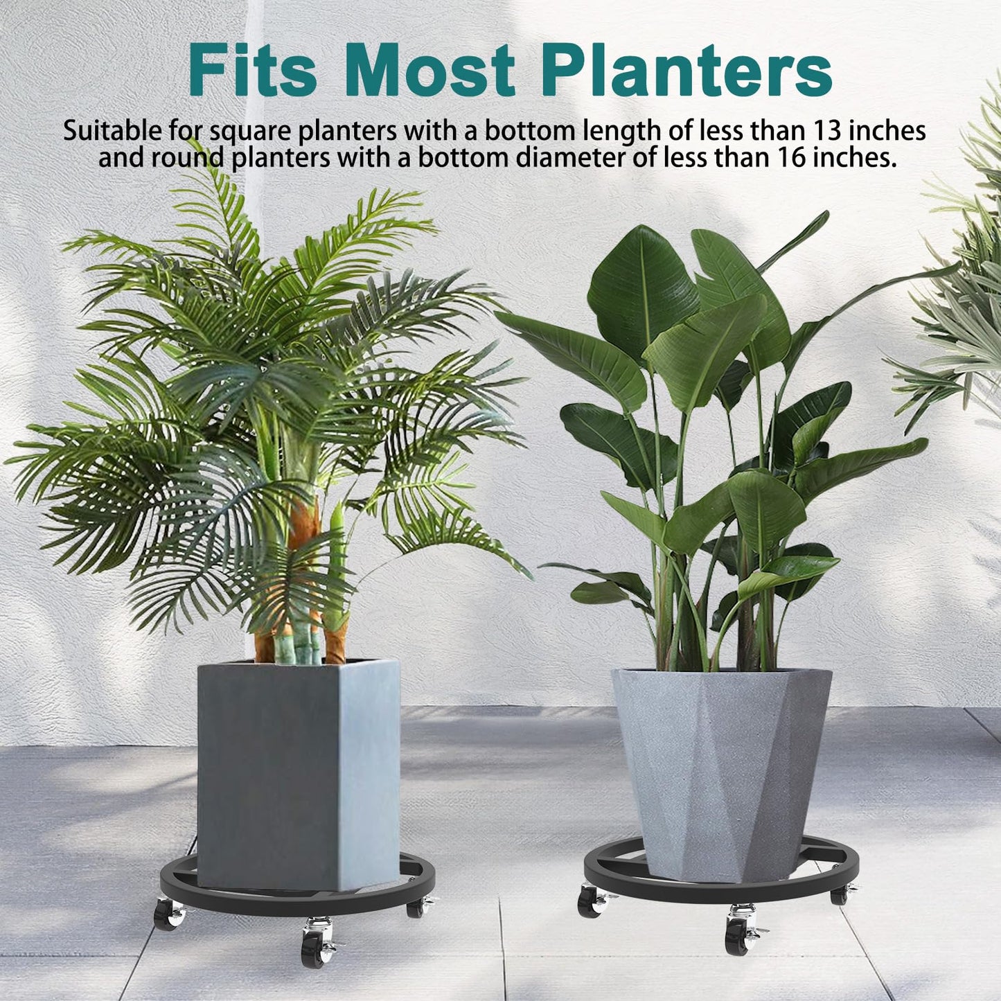 RIDSENIA 2 Pack Metal Plant Caddy with Wheels, 13'' Heavy Duty Round Rolling Planter Tray, Plant Stand with 360° Lockable Casters Wheels Indoor Outdoor Use, Planter Dolly for Flower Pots, Black