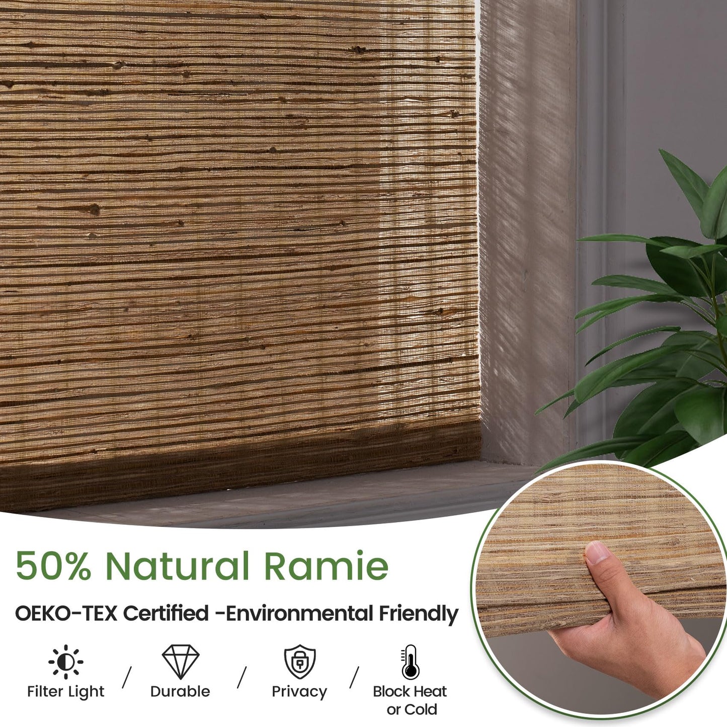 BERISSA Roman Shades for Windows Light Filtering, Natural Jute Woven Roman Blinds Customized Roman Window Shades,Room Darkening Privacy Protection,Light Filtering Ramie Beige,68" W x 72" H