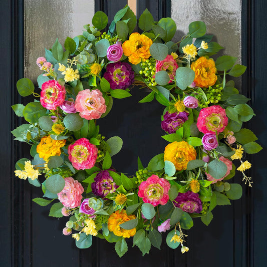 CHvista Spring Wreaths for Front Door 24 Inch Outdoor Spring Wreath with Peony Rose Ranunculus & Eucalyptus,Handmade Silk Summer Wreaths for Front Door,Spring Door Wreath for Porch Home Wall Window